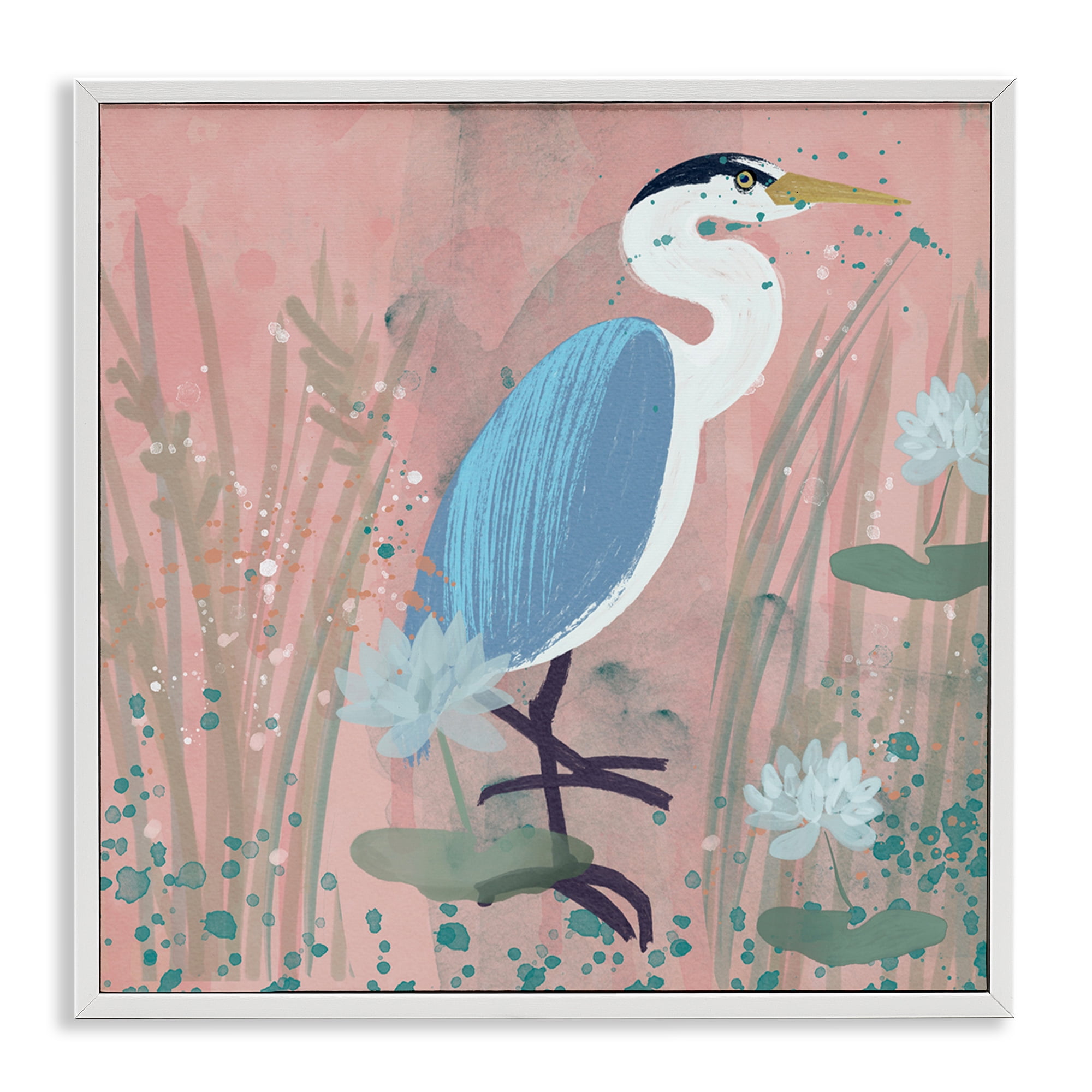 Stupell Industries Coastal Bird with Lotus Flowers Animals & Insects Painting White Framed Art Print Wall Art, 24 x 24