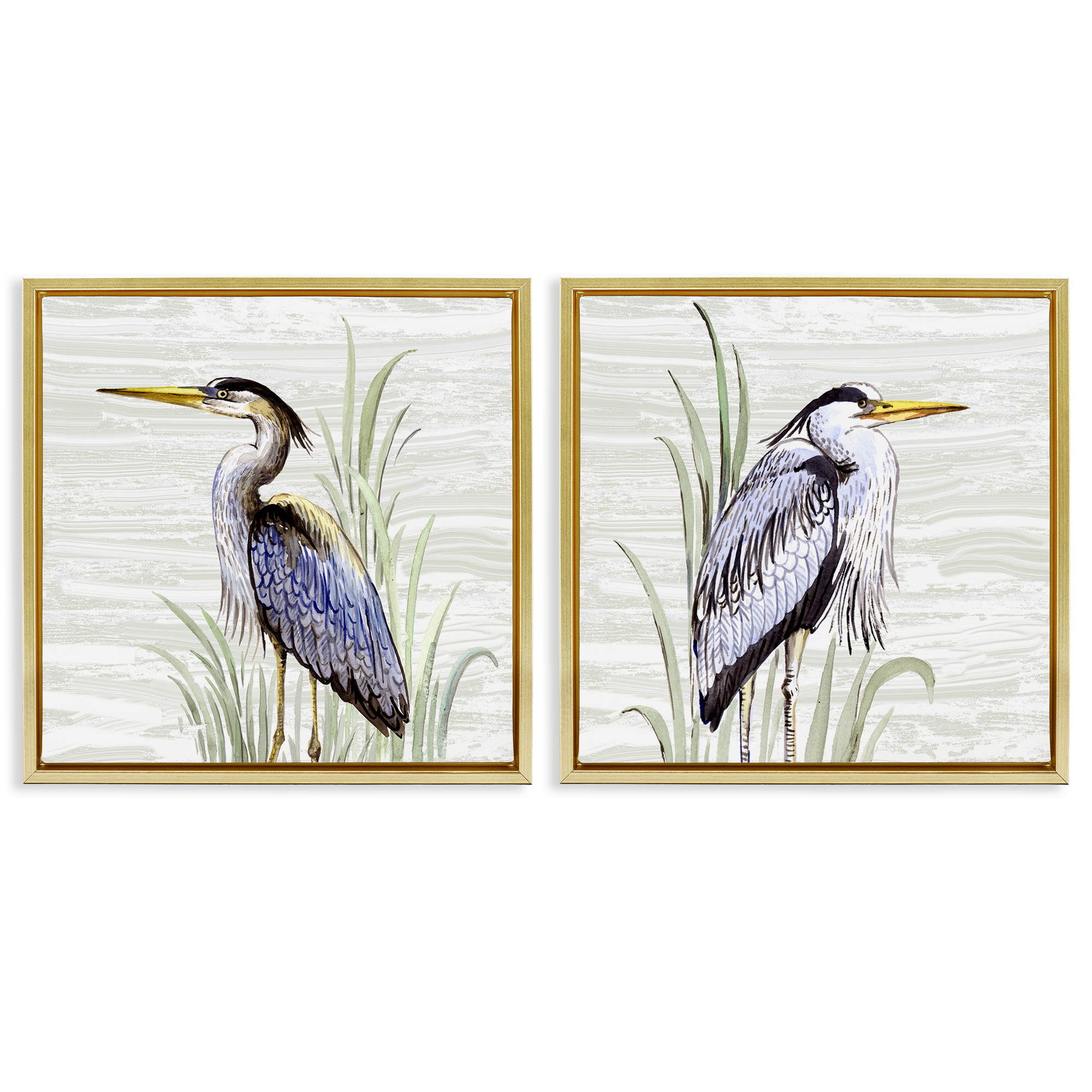 Stupell Industries Coastal Birds on Birch Animals Painting Gold Floater Framed Canvas Art Print Wall Art, 25 x 25, Set of 2