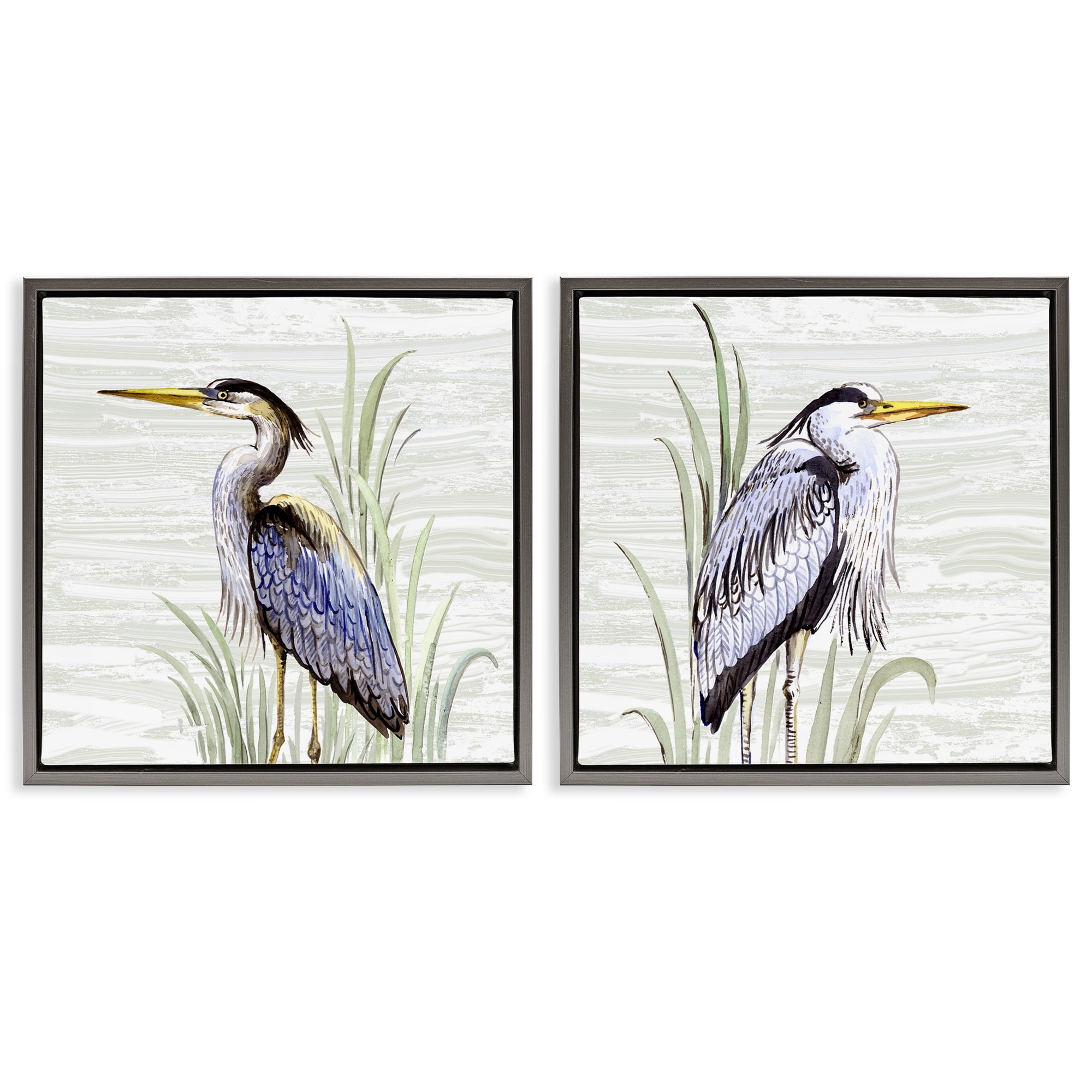 Stupell Industries Coastal Birds on Birch Animals Painting Gray Floater Framed Canvas Art Print Wall Art, 18 x 18, Set of 2