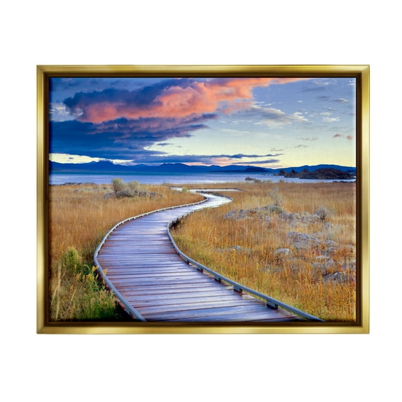 Stupell Industries Coastal Boardwalk Sunset Coastal Photography Gold Floater Framed Art Print Wall Art