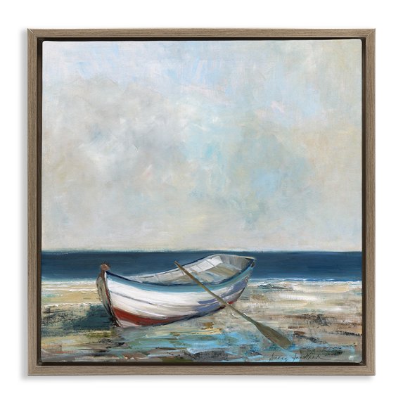 Stupell Industries Coastal Boat & Oar on Shore Brown Floating Frame Canvas Art, 18 x 18, by Sally Swatland