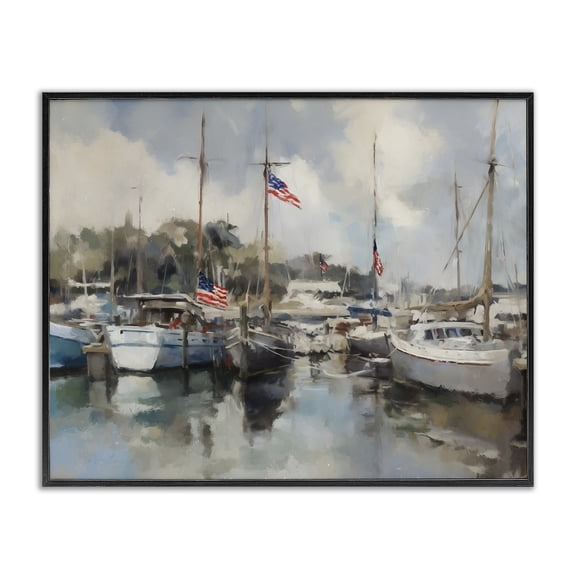 Stupell Industries Coastal Boats with American Flags Black Framed Giclee Art, 30 x 24, by Ziwei Li