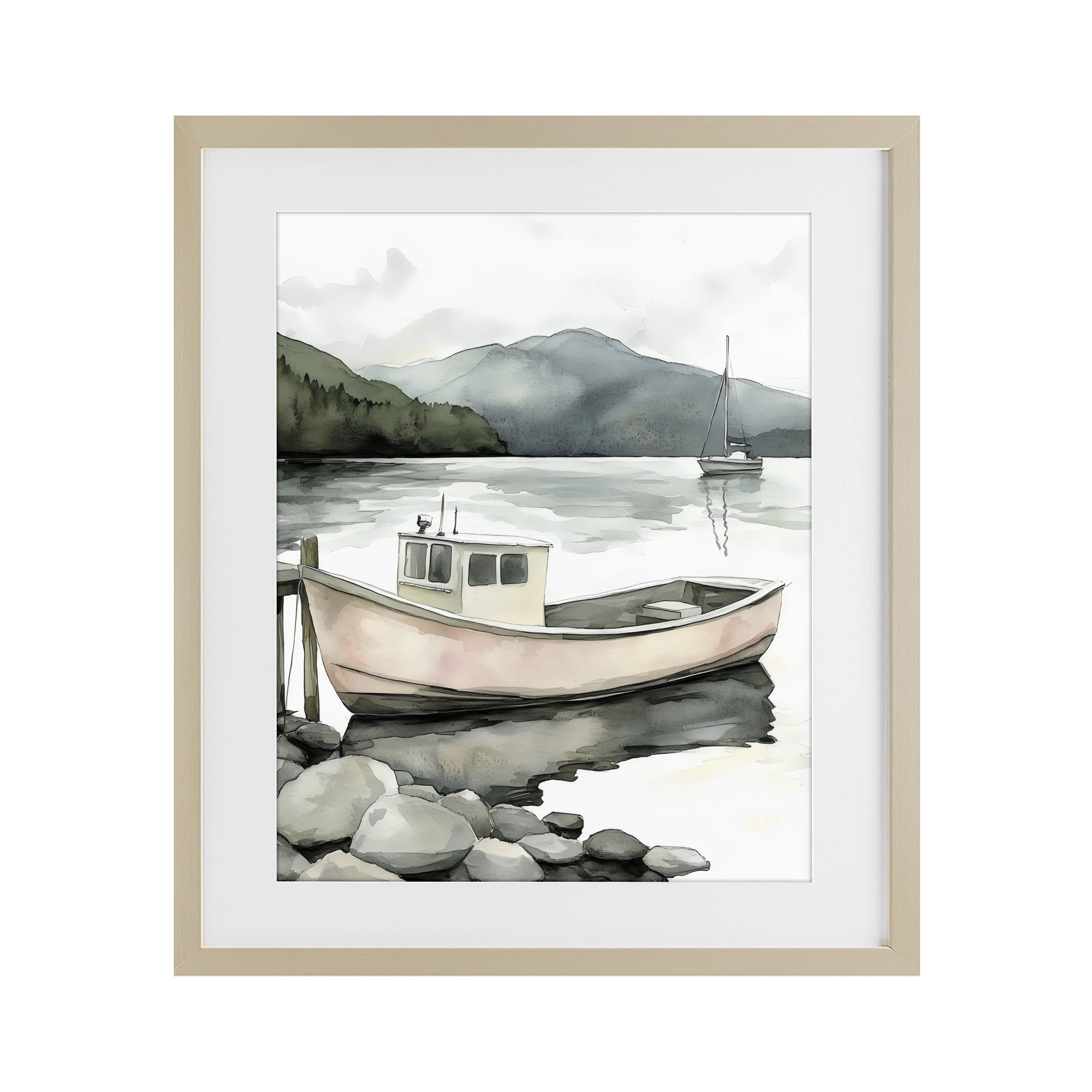 Stupell Industries Coastal Calm Docked Boat Birch Framed Print Under Glass, design by Riley B