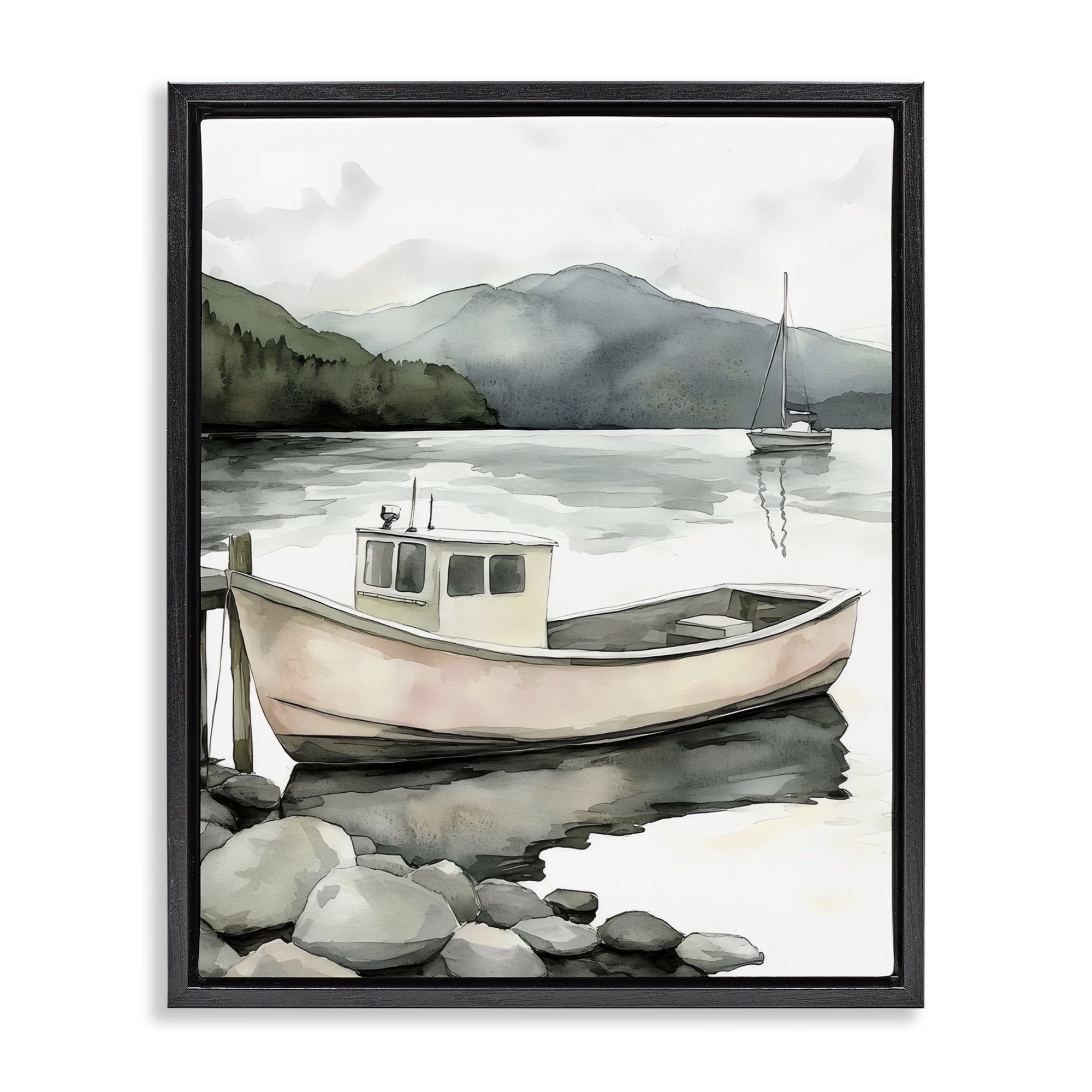 Stupell Industries Coastal Calm Docked Boat Black Framed Floater Canvas Wall Art, design by Riley B