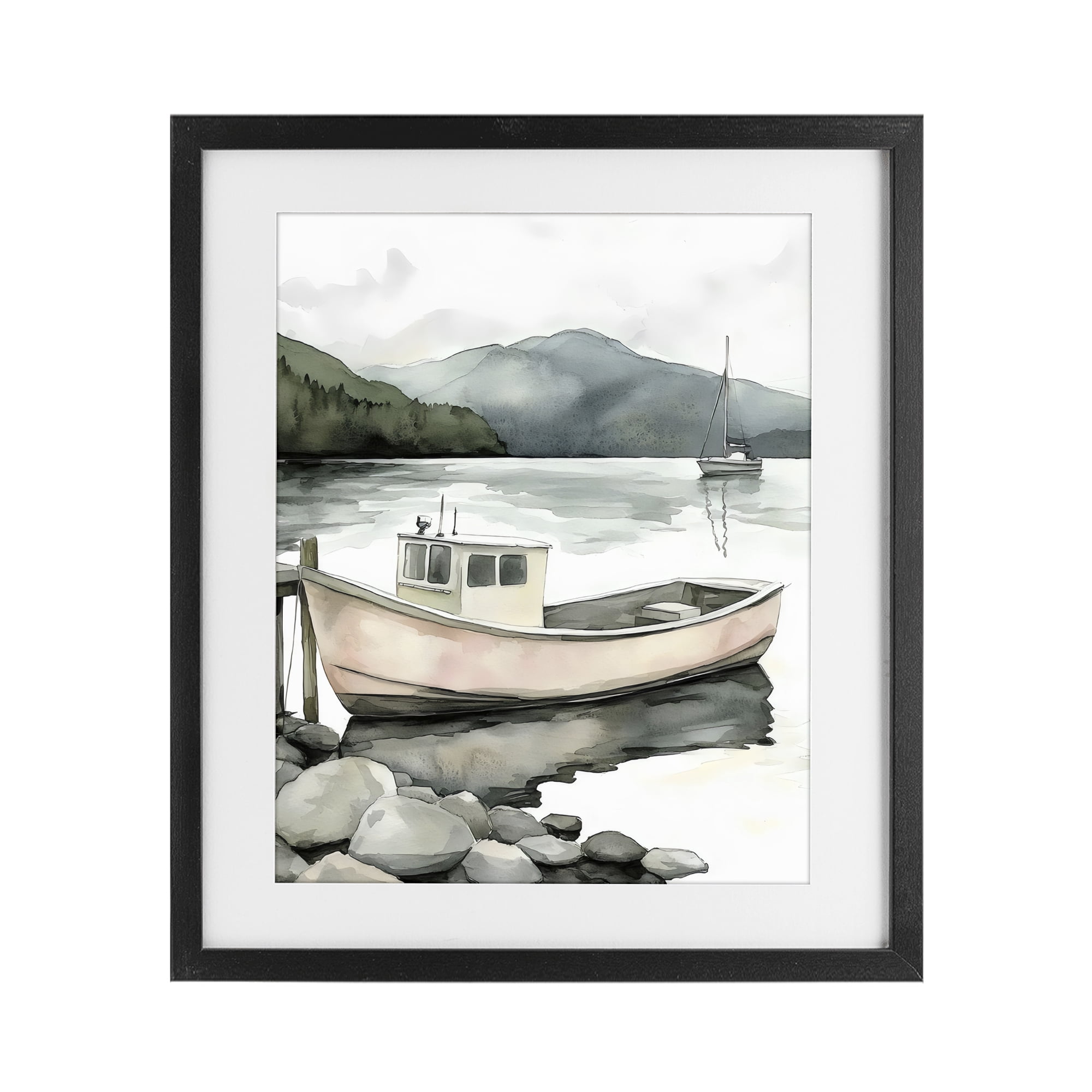 Stupell Industries Coastal Calm Docked Boat Black Framed Print Under Glass, design by Riley B