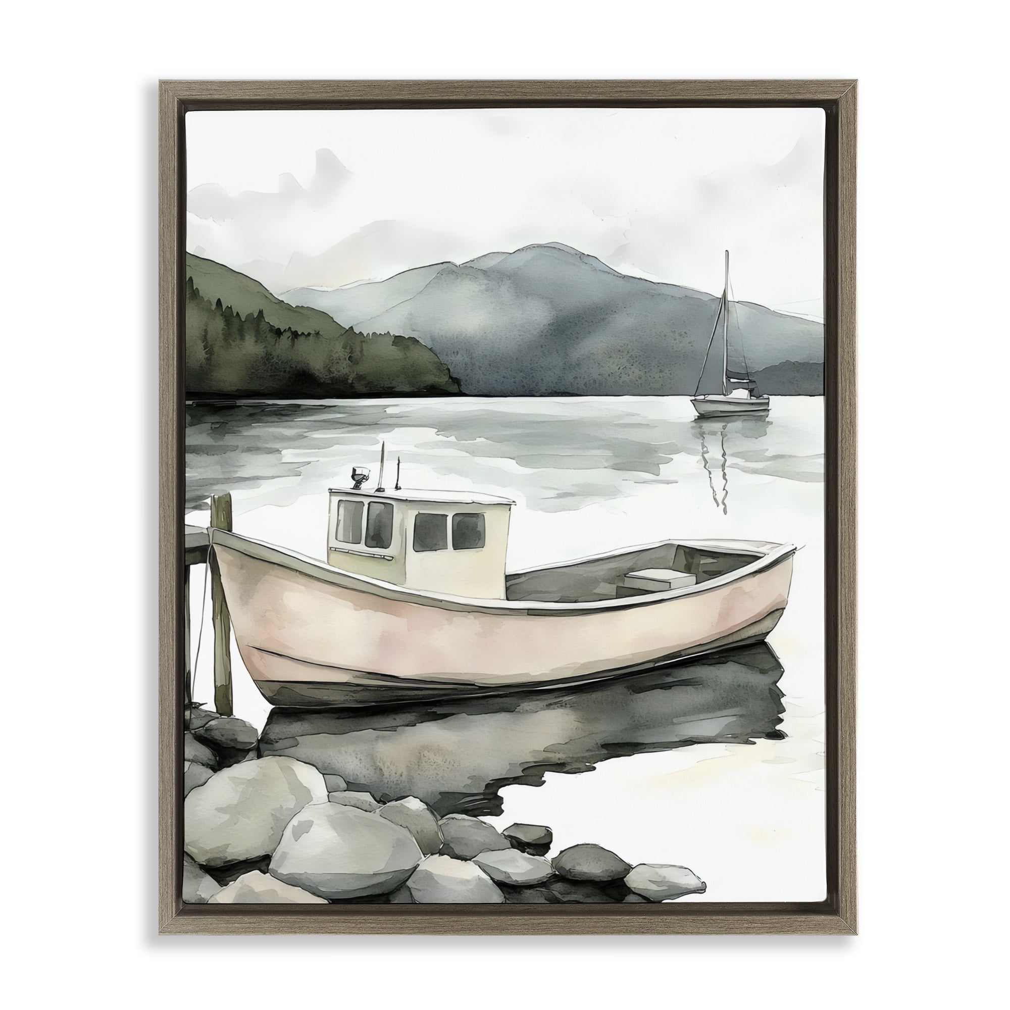 Stupell Industries Coastal Calm Docked Boat Brown Framed Floater Canvas Wall Art, design by Riley B