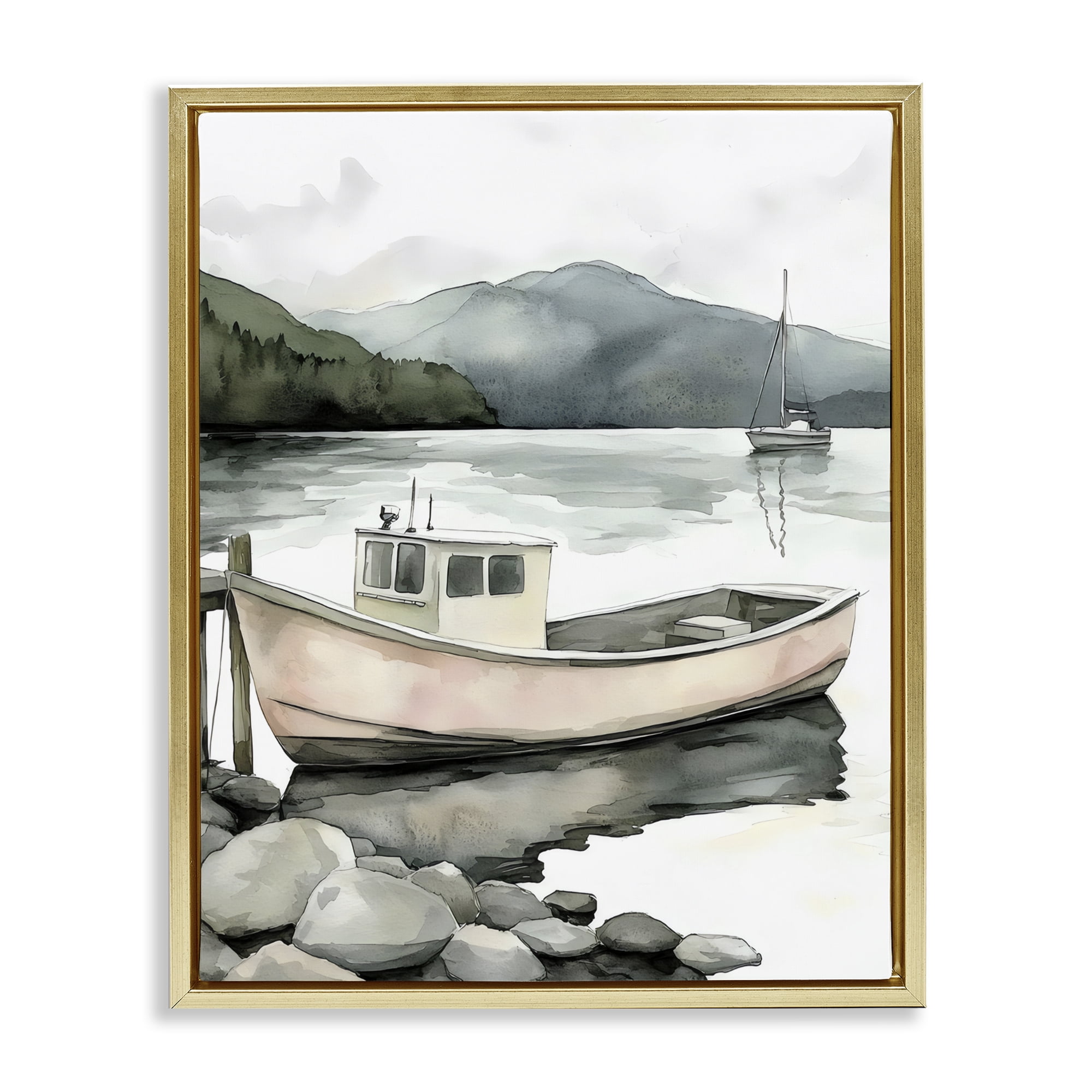 Stupell Industries Coastal Calm Docked Boat Gold Framed Floater Canvas Wall Art, design by Riley B