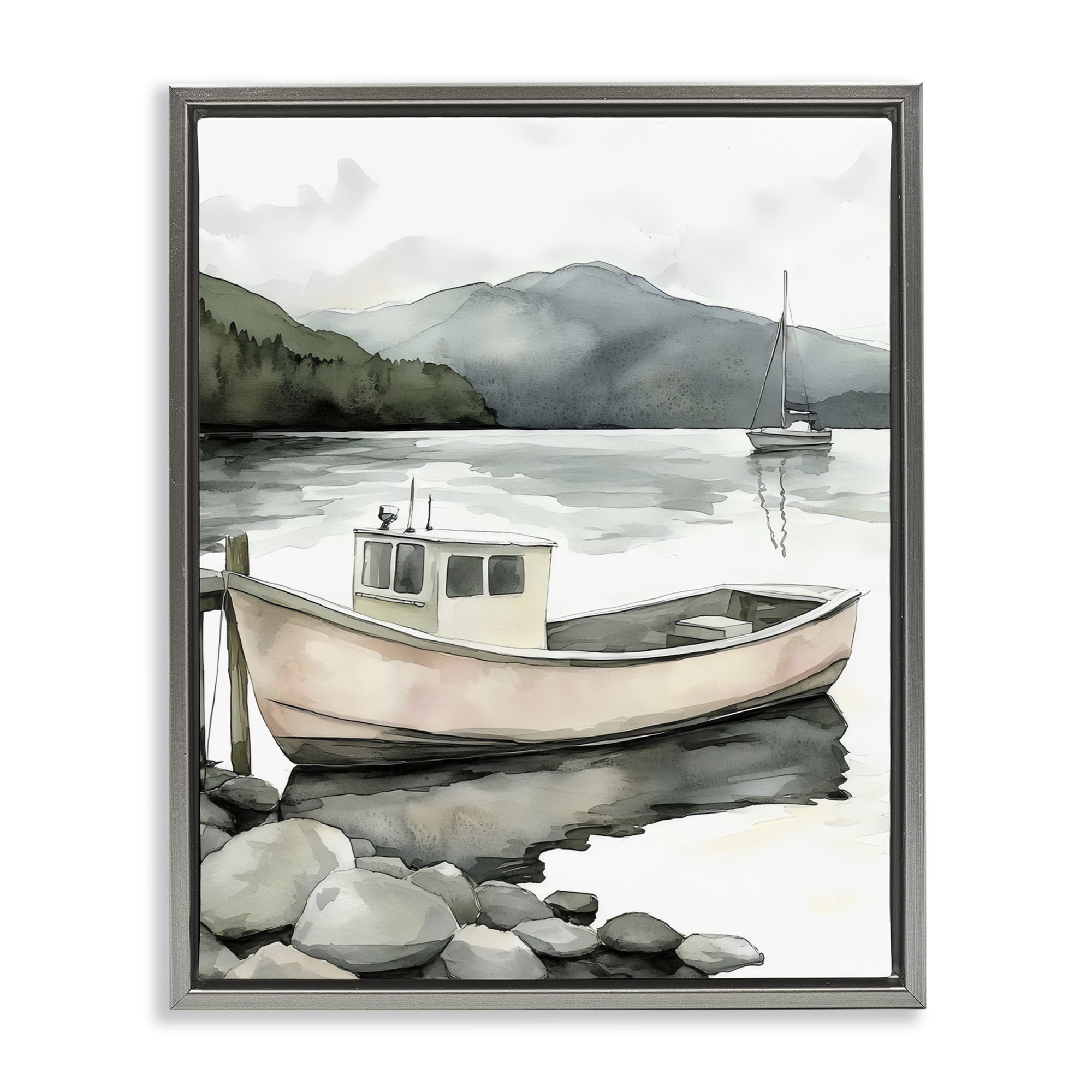 Stupell Industries Coastal Calm Docked Boat Gray Framed Floater Canvas Wall Art, design by Riley B