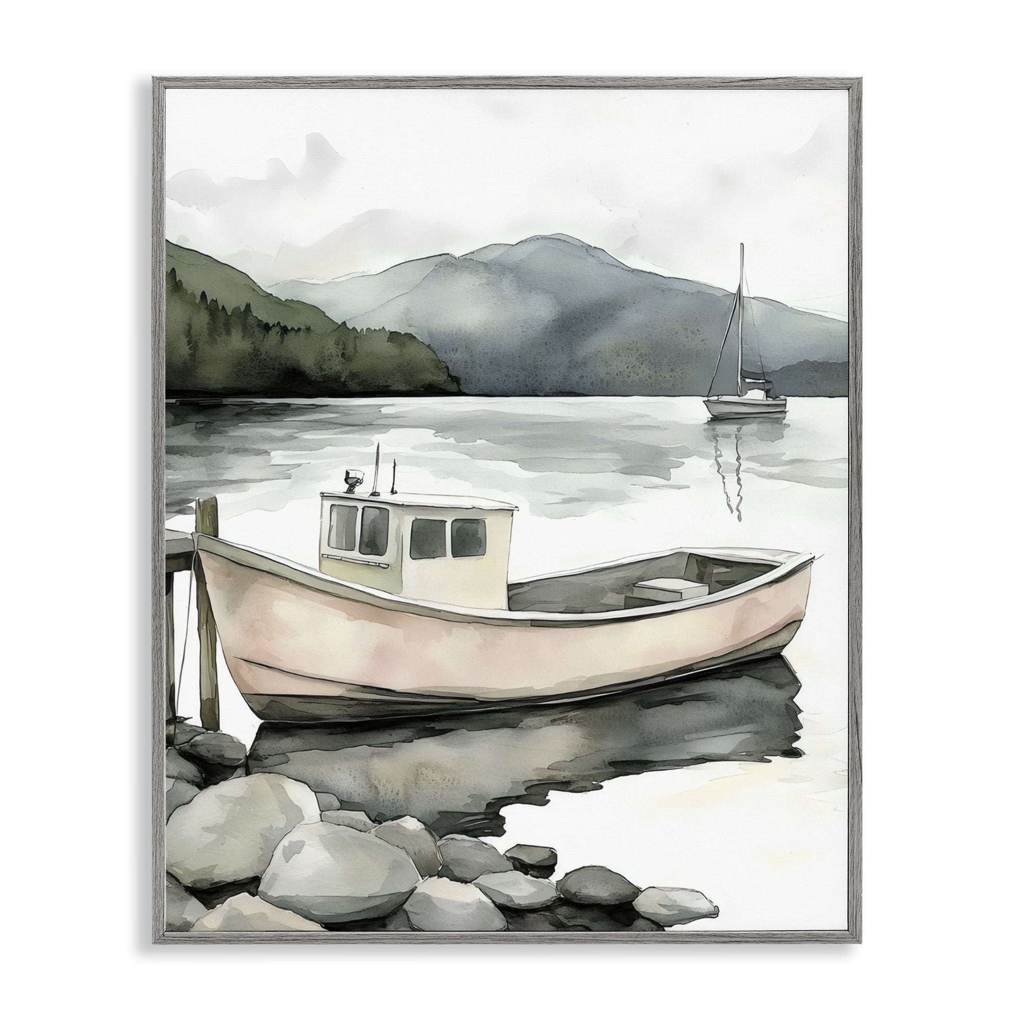 Stupell Industries Coastal Calm Docked Boat Gray Framed Giclee Art, design by Riley B