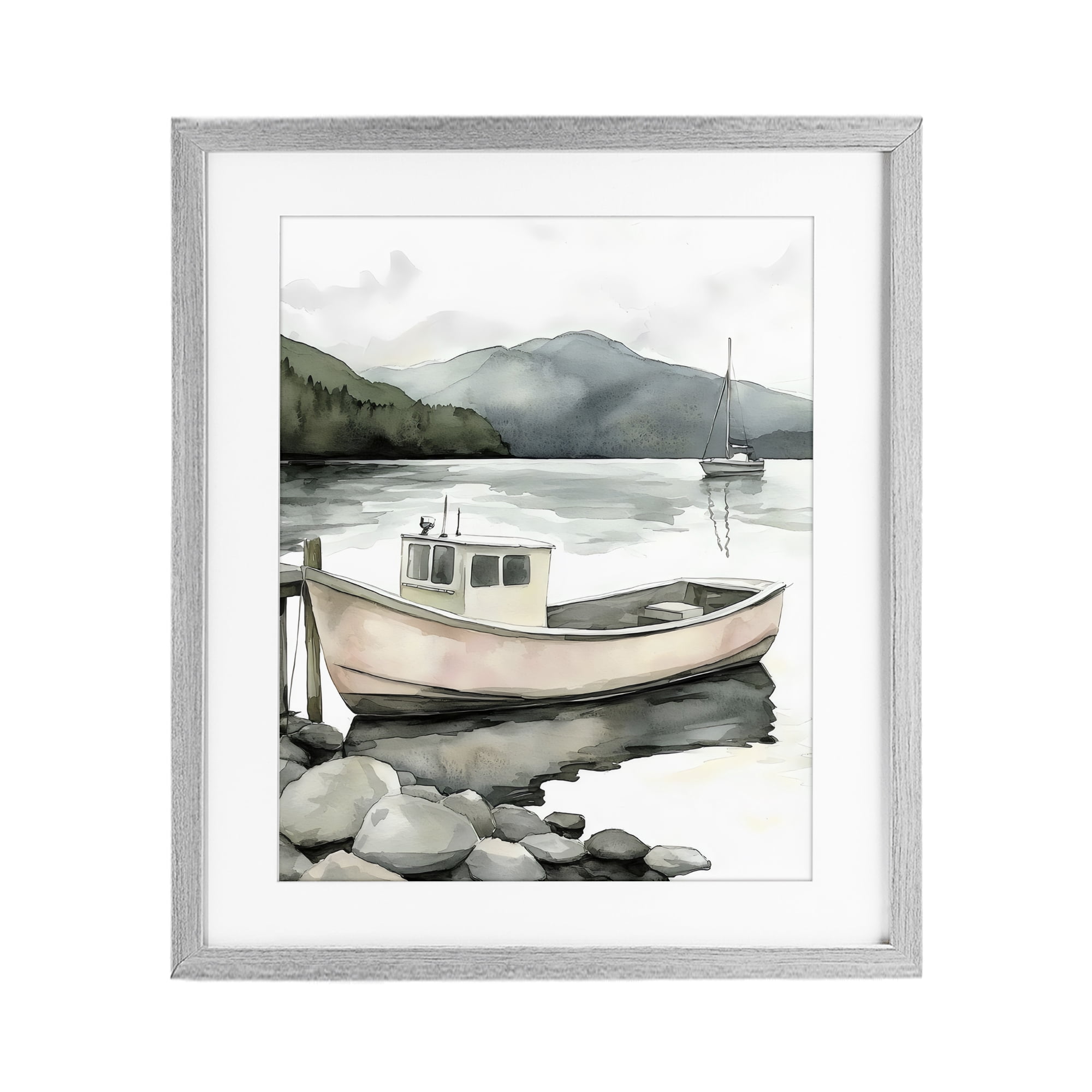 Stupell Industries Coastal Calm Docked Boat Gray Framed Print Under Glass, design by Riley B