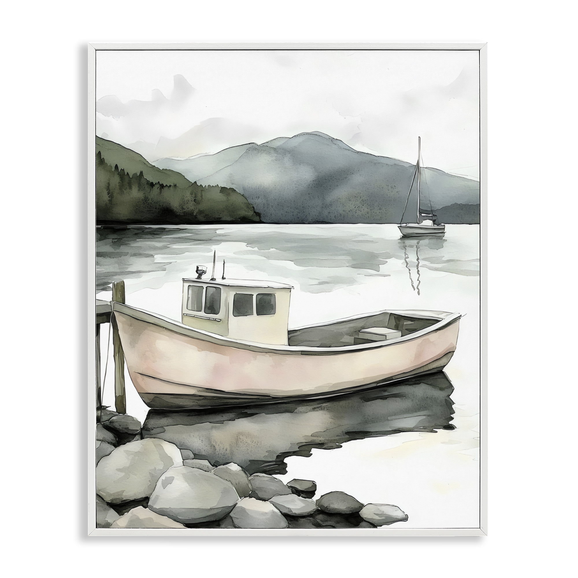 Stupell Industries Coastal Calm Docked Boat White Framed Giclee Art, design by Riley B