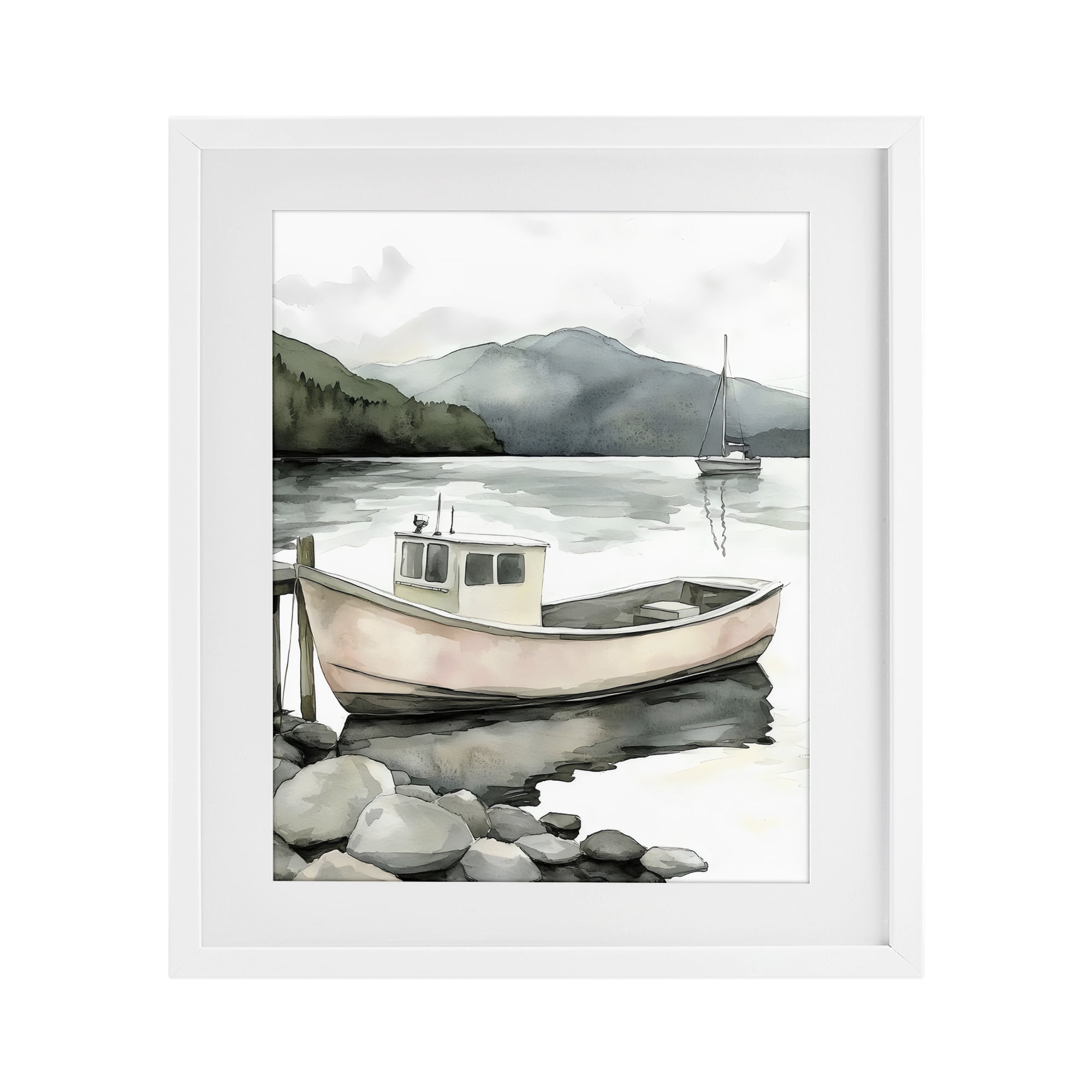 Stupell Industries Coastal Calm Docked Boat White Framed Print Under Glass, design by Riley B