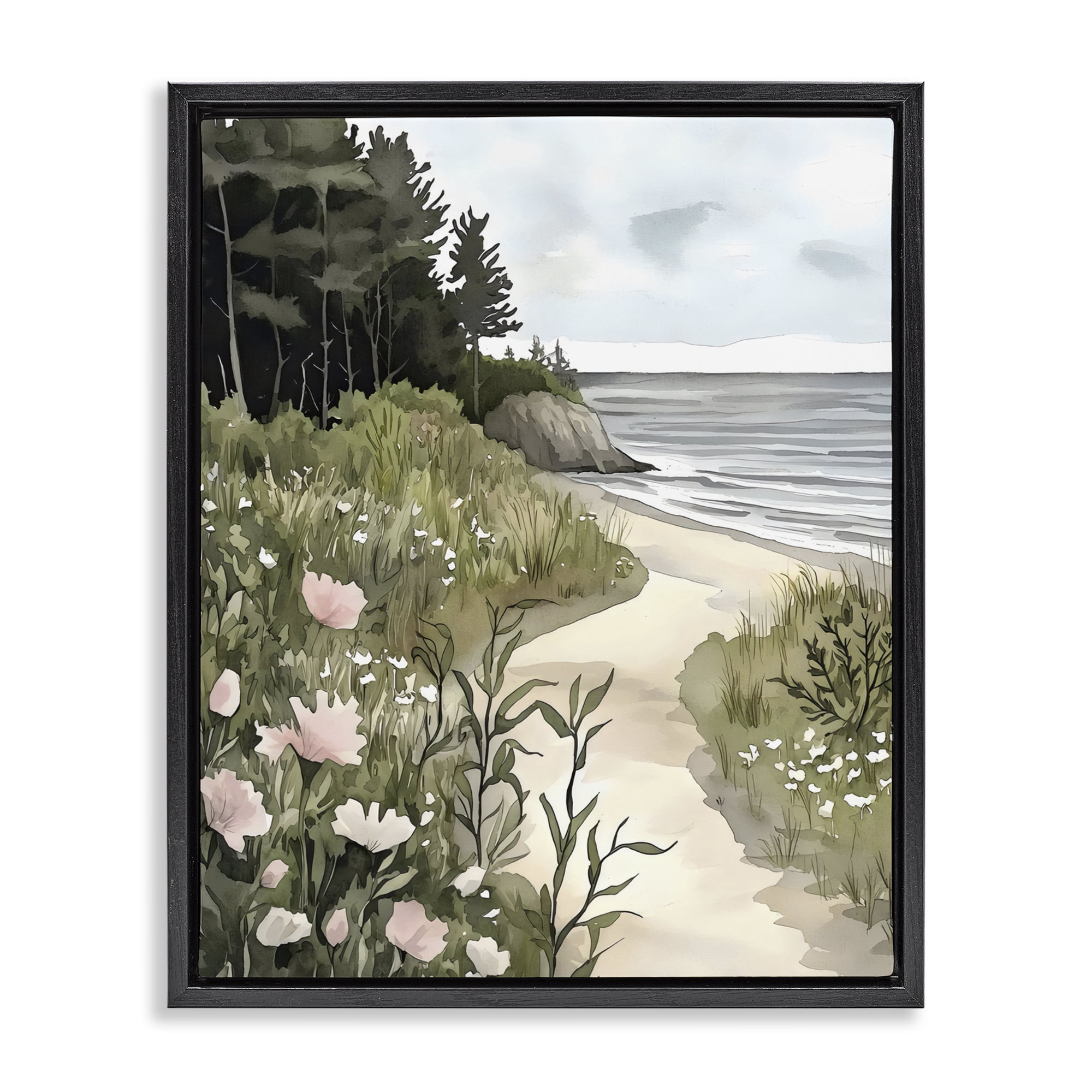 Stupell Industries Coastal Calm Floral Pathway Black Framed Floater Canvas Wall Art, design by Riley B