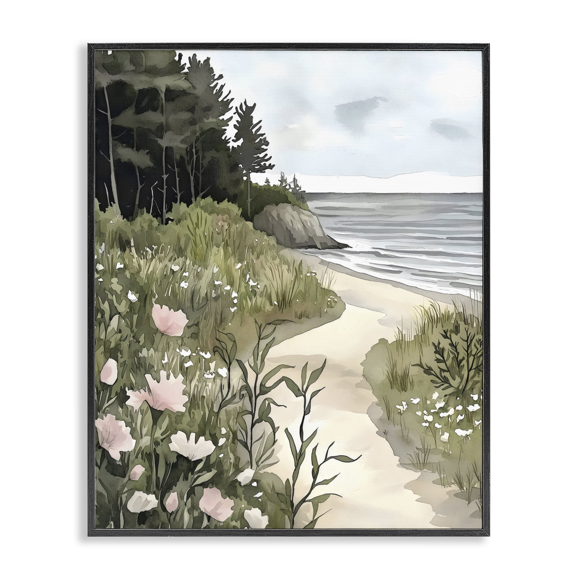 Stupell Industries Coastal Calm Floral Pathway Black Framed Giclee Art, design by Riley B
