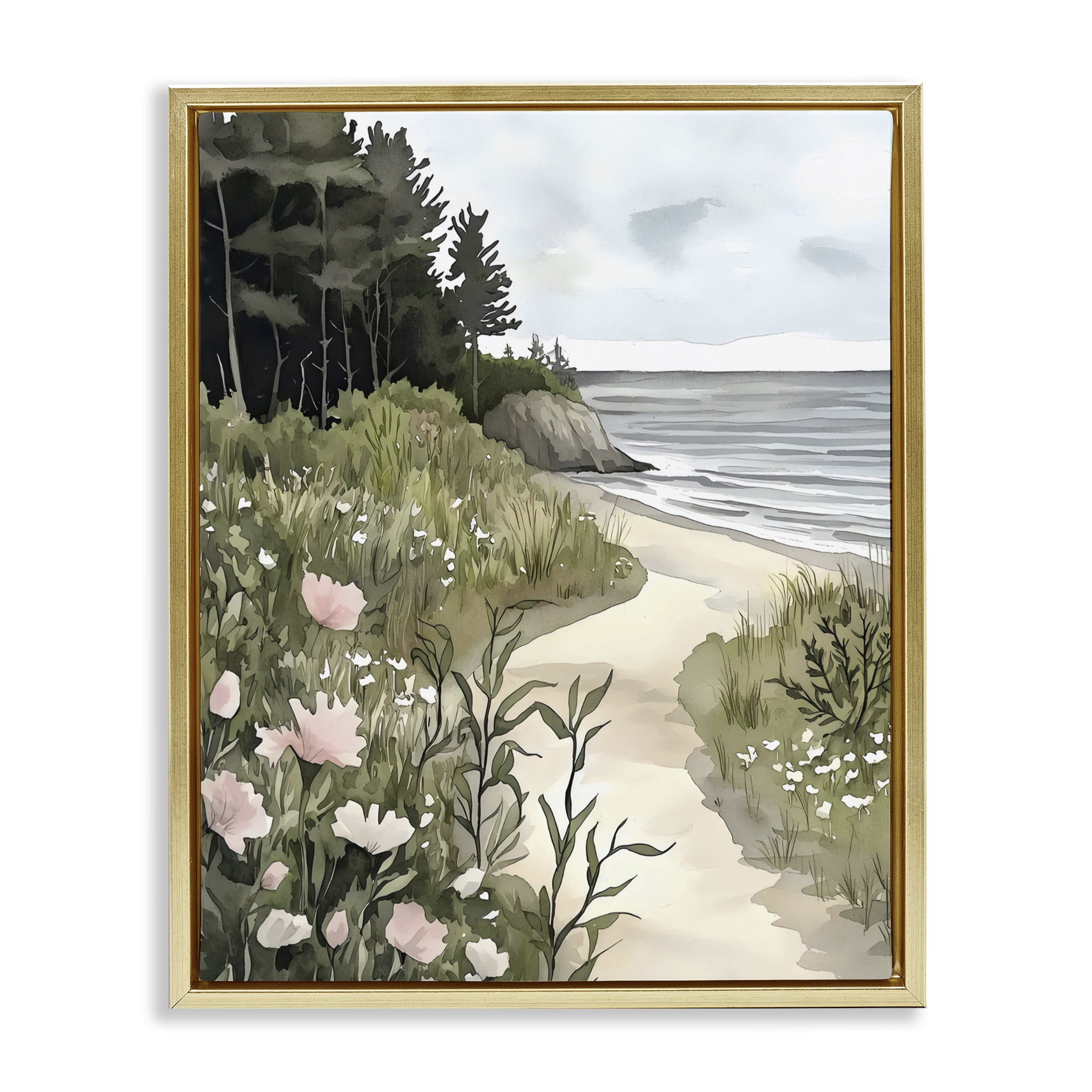 Stupell Industries Coastal Calm Floral Pathway Gold Framed Floater Canvas Wall Art, design by Riley B