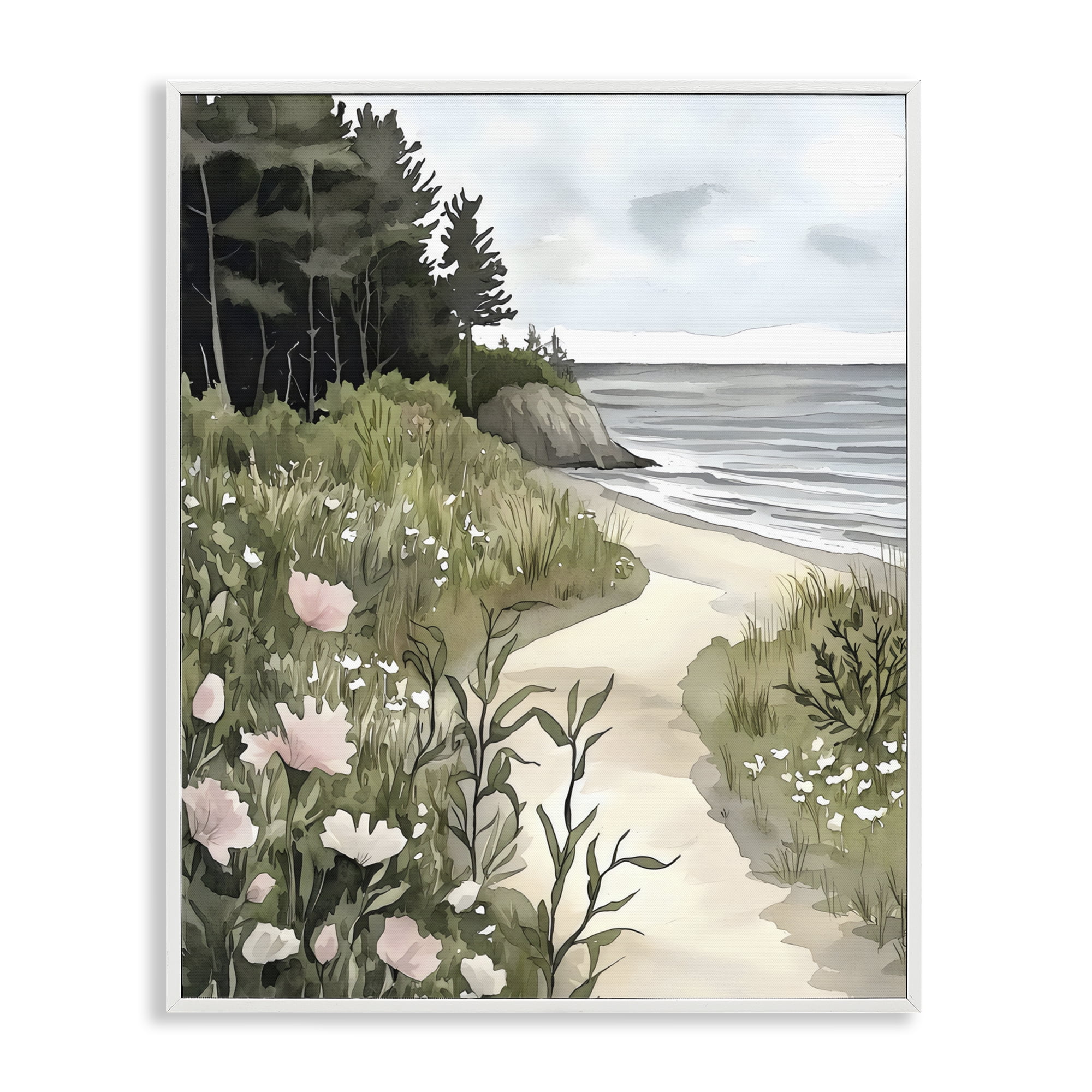 Stupell Industries Coastal Calm Floral Pathway White Framed Giclee Art, design by Riley B