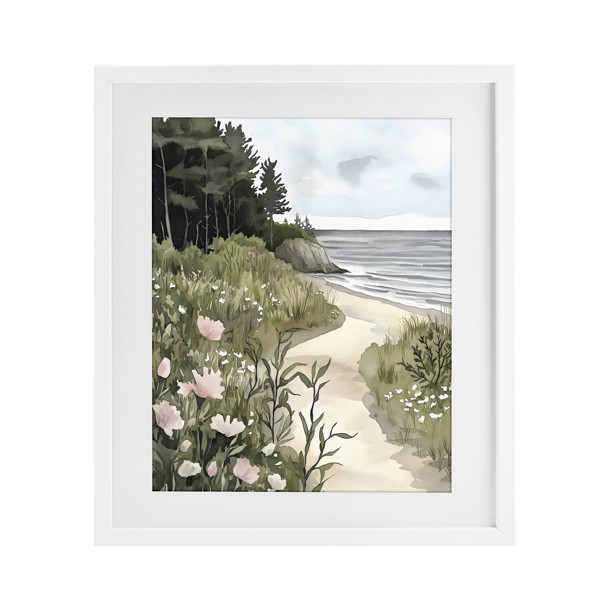 Stupell Industries Coastal Calm Floral Pathway White Framed Print Under Glass, design by Riley B