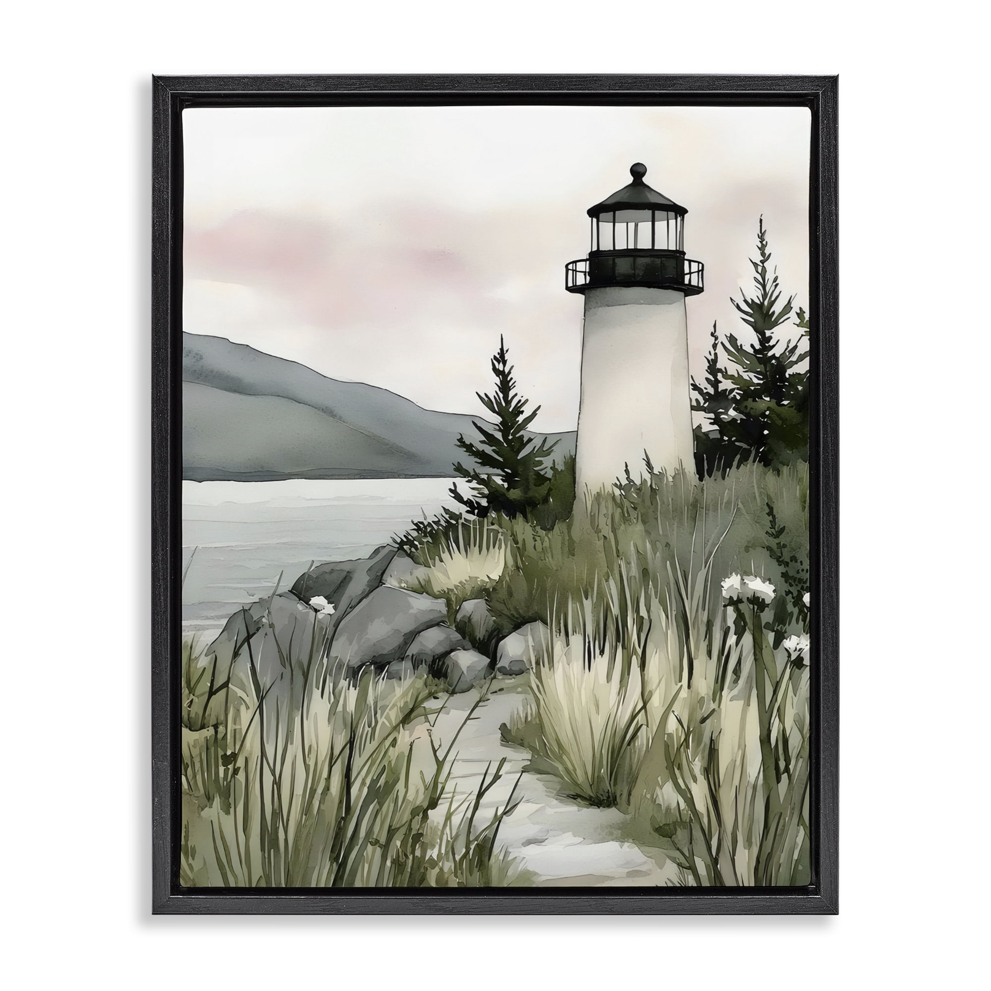 Stupell Industries Coastal Calm Lighthouse Black Framed Floater Canvas Wall Art, design by Riley B