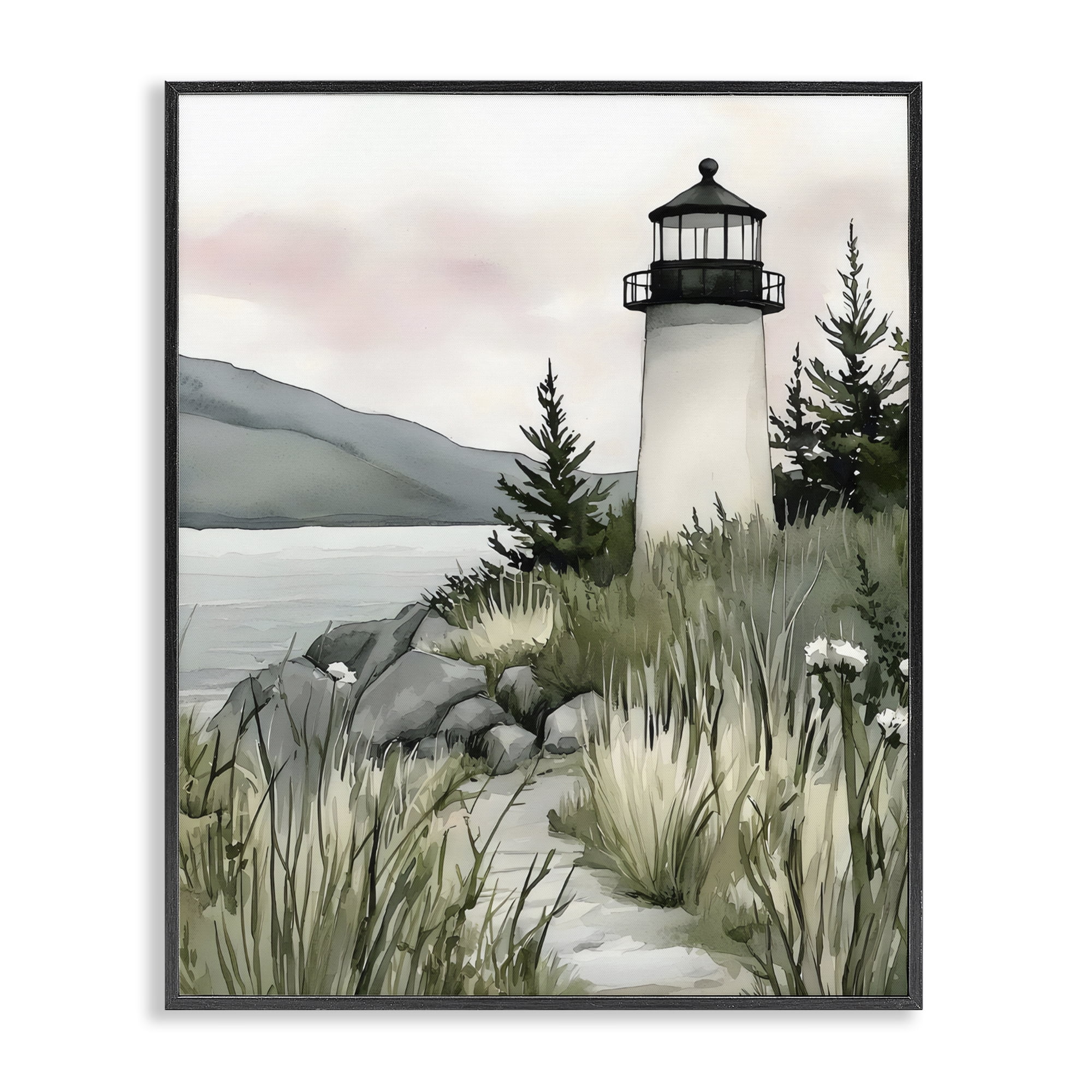 Stupell Industries Coastal Calm Lighthouse Black Framed Giclee Art, design by Riley B