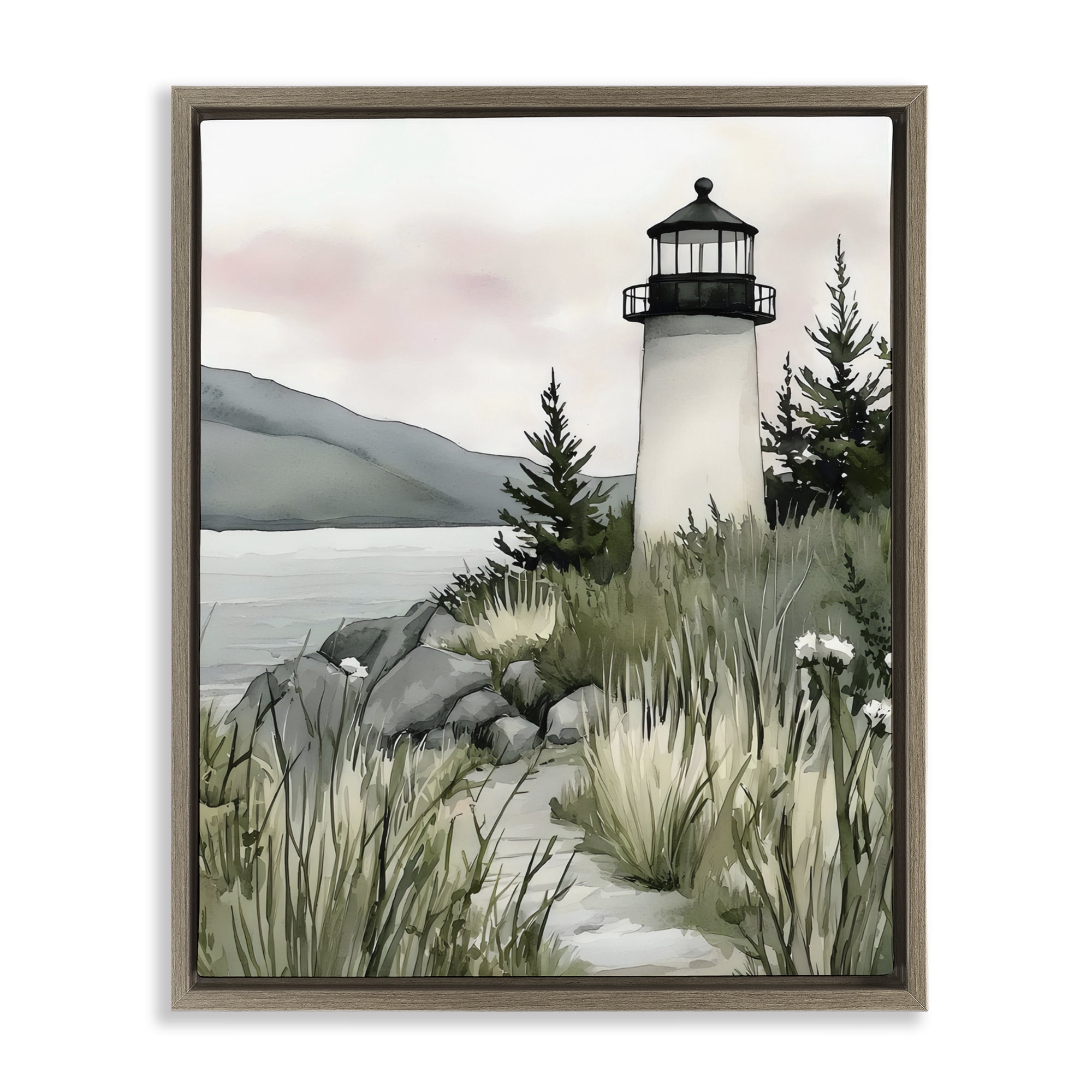 Stupell Industries Coastal Calm Lighthouse Brown Framed Floater Canvas Wall Art, design by Riley B