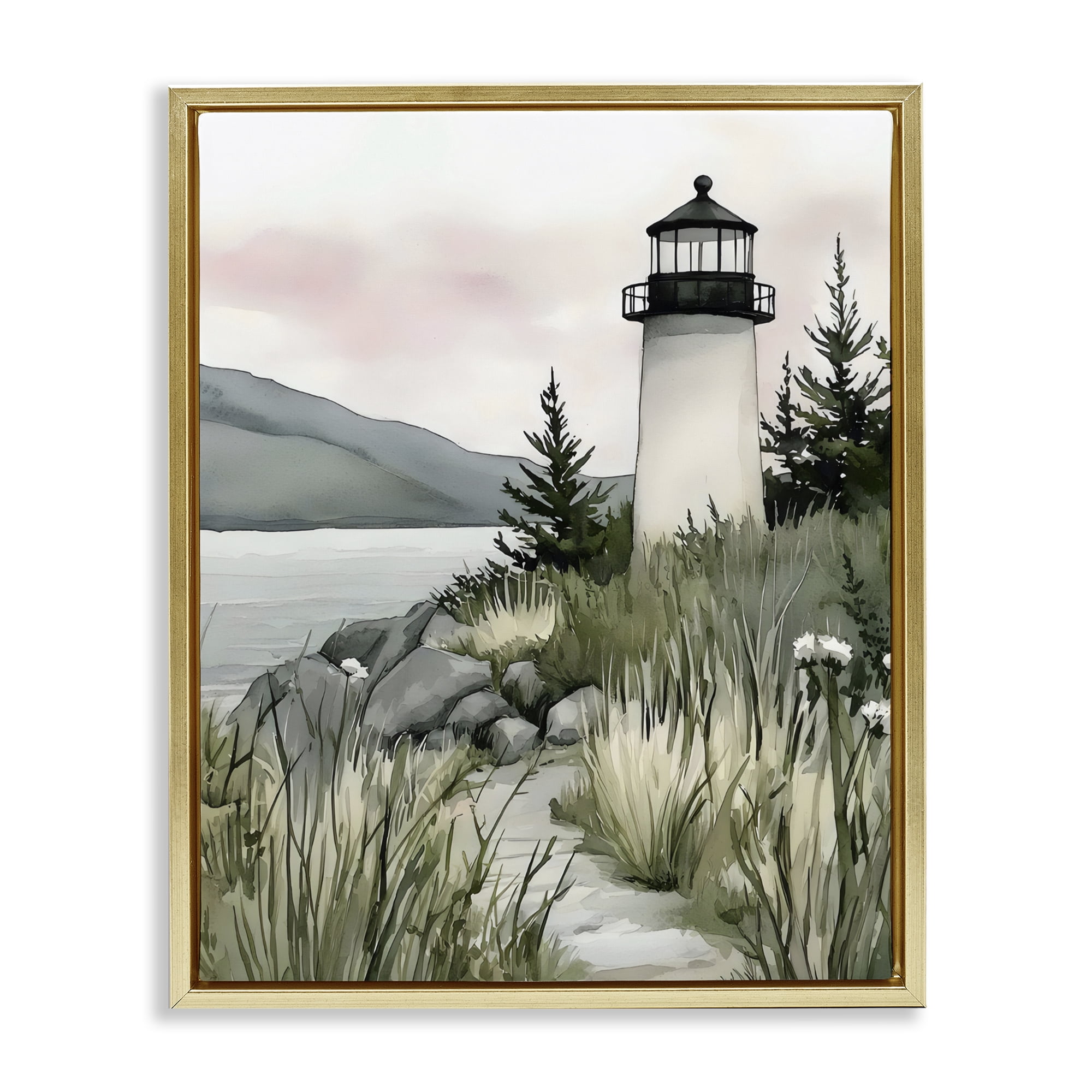 Stupell Industries Coastal Calm Lighthouse Gold Framed Floater Canvas Wall Art, design by Riley B