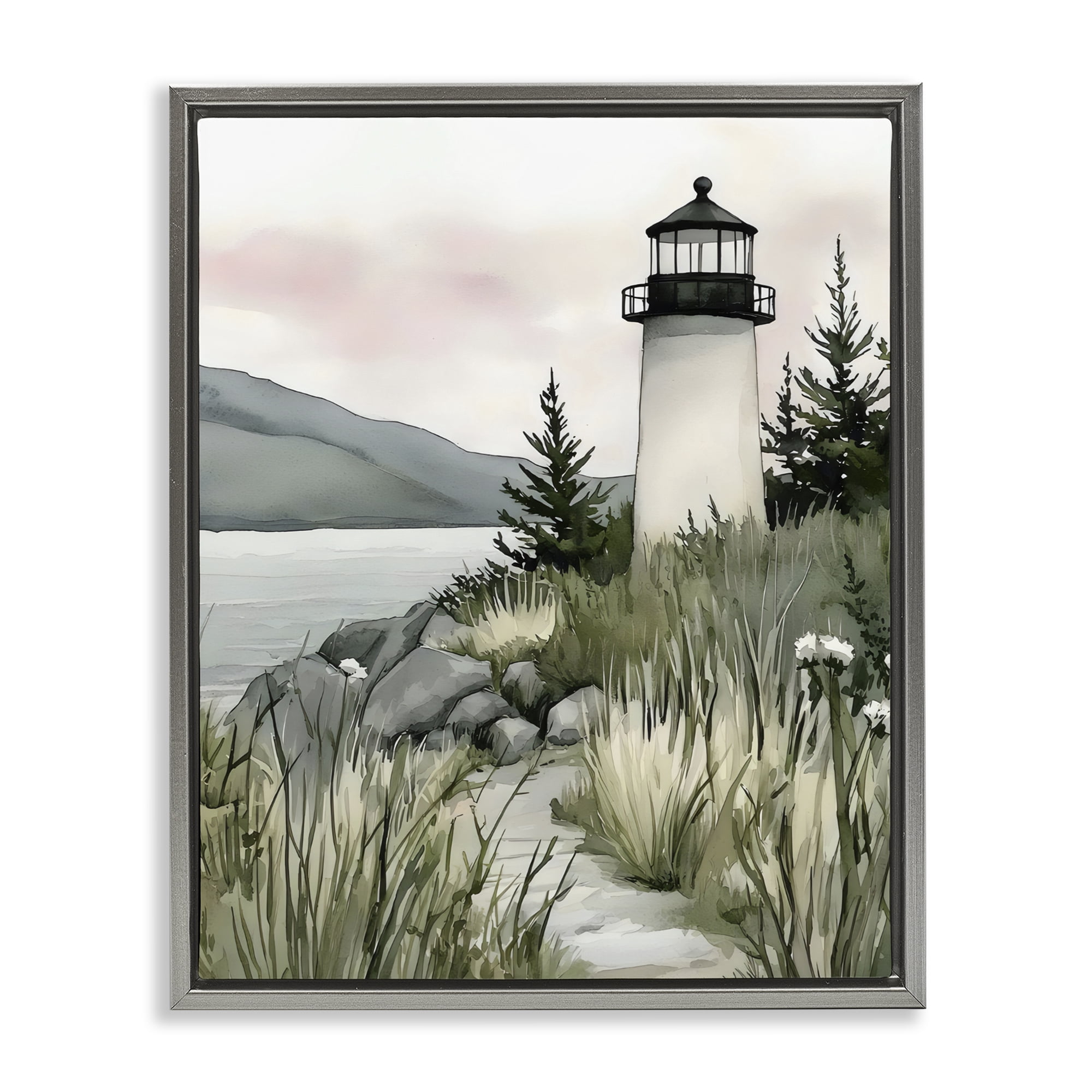 Stupell Industries Coastal Calm Lighthouse Gray Framed Floater Canvas Wall Art, design by Riley B