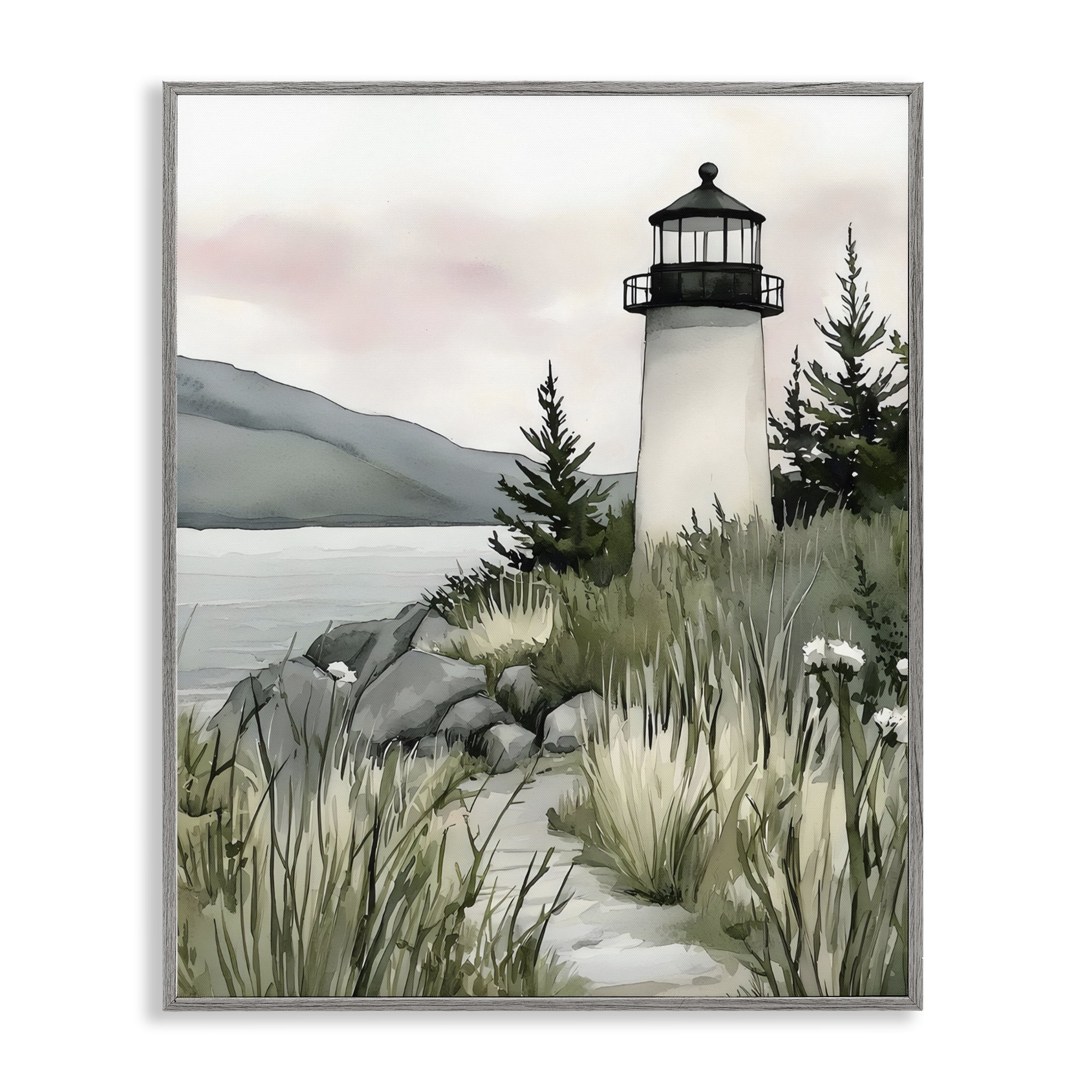 Stupell Industries Coastal Calm Lighthouse Gray Framed Giclee Art, design by Riley B
