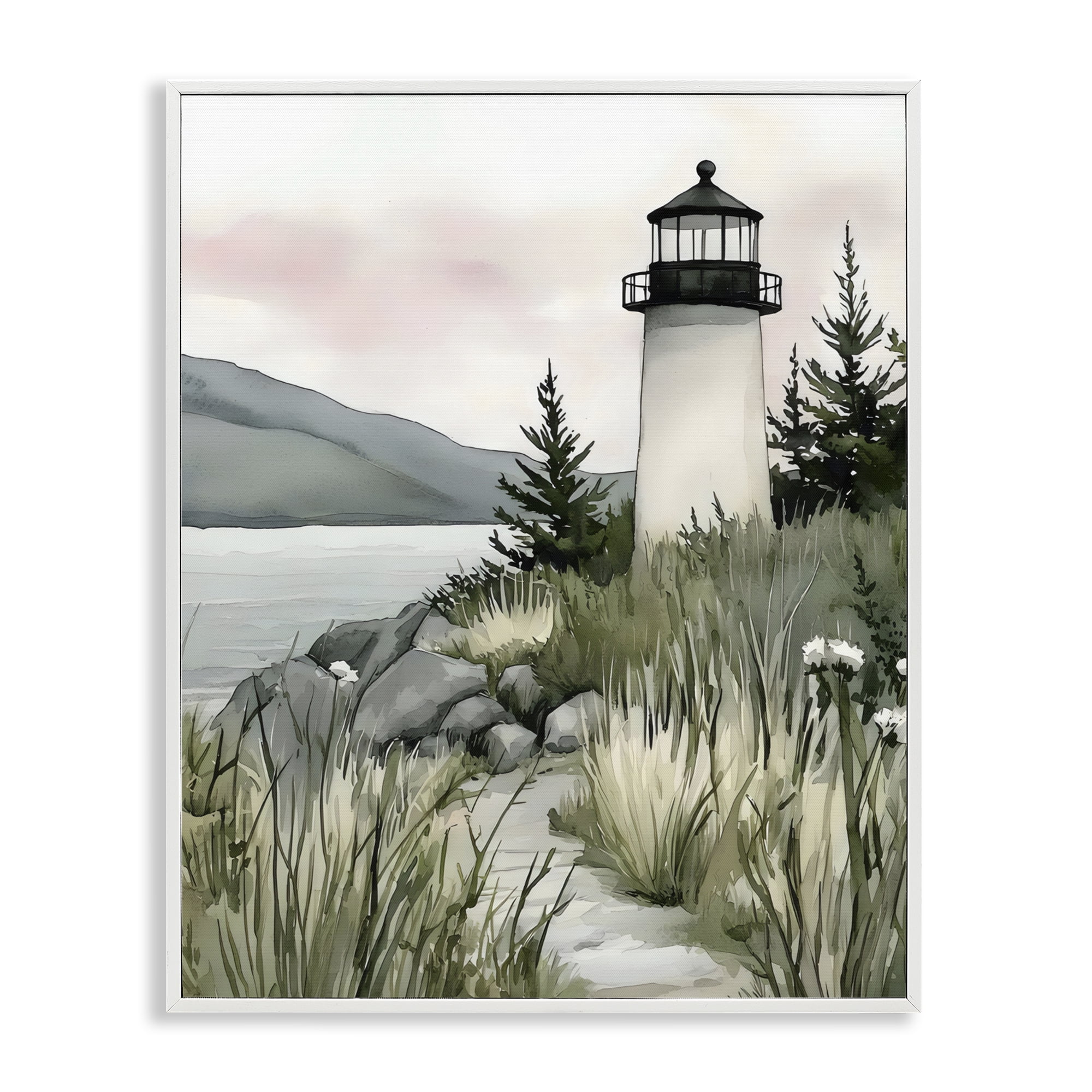 Stupell Industries Coastal Calm Lighthouse White Framed Giclee Art, design by Riley B