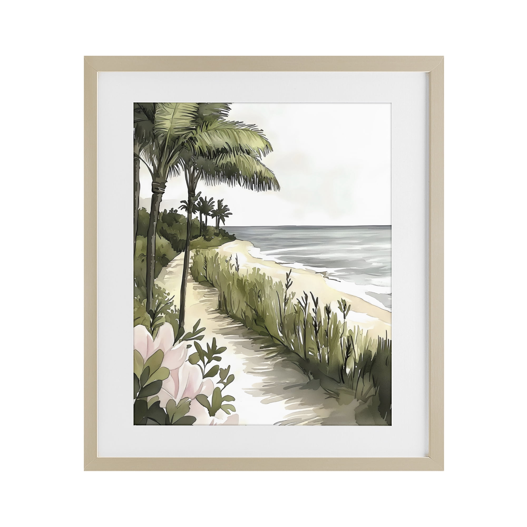 Stupell Industries Coastal Calm Palm Tree Pathway Birch Framed Print Under Glass, design by Riley B