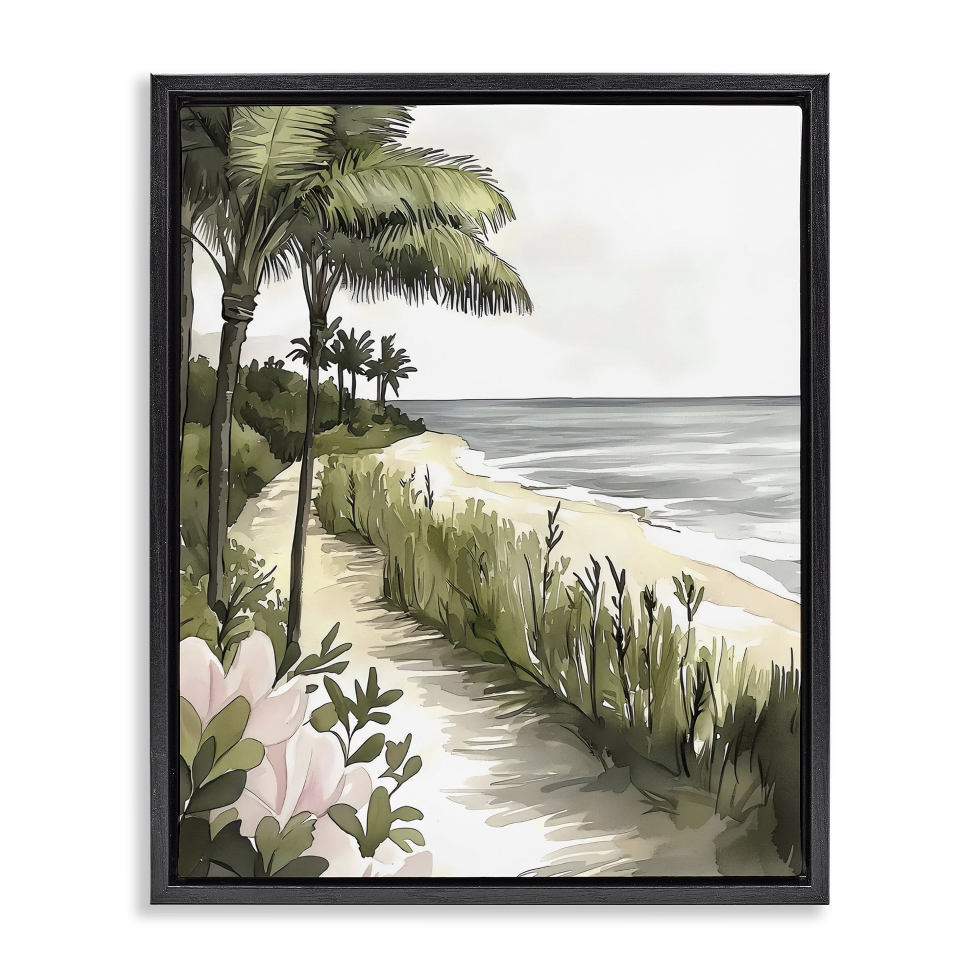 Stupell Industries Coastal Calm Palm Tree Pathway Black Framed Floater Canvas Wall Art, design by Riley B