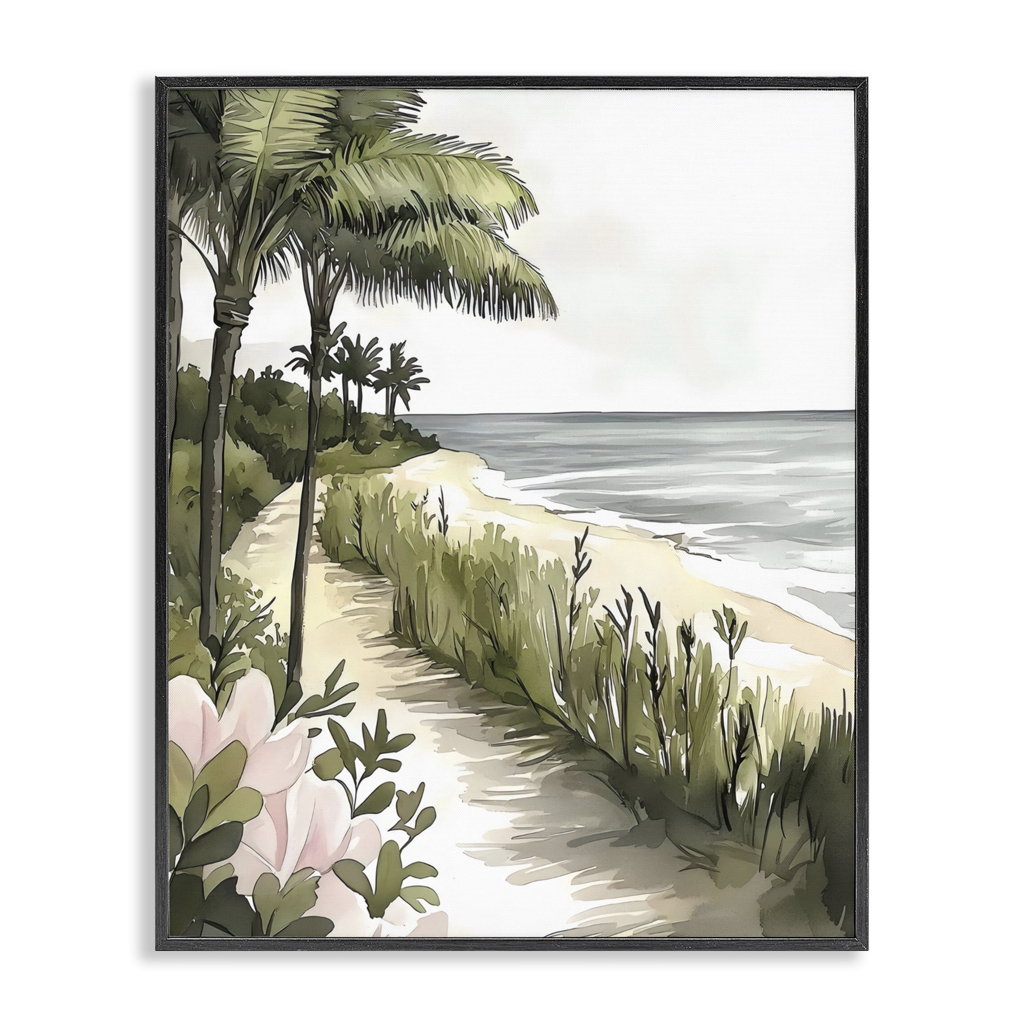 Stupell Industries Coastal Calm Palm Tree Pathway Black Framed Giclee Art, design by Riley B