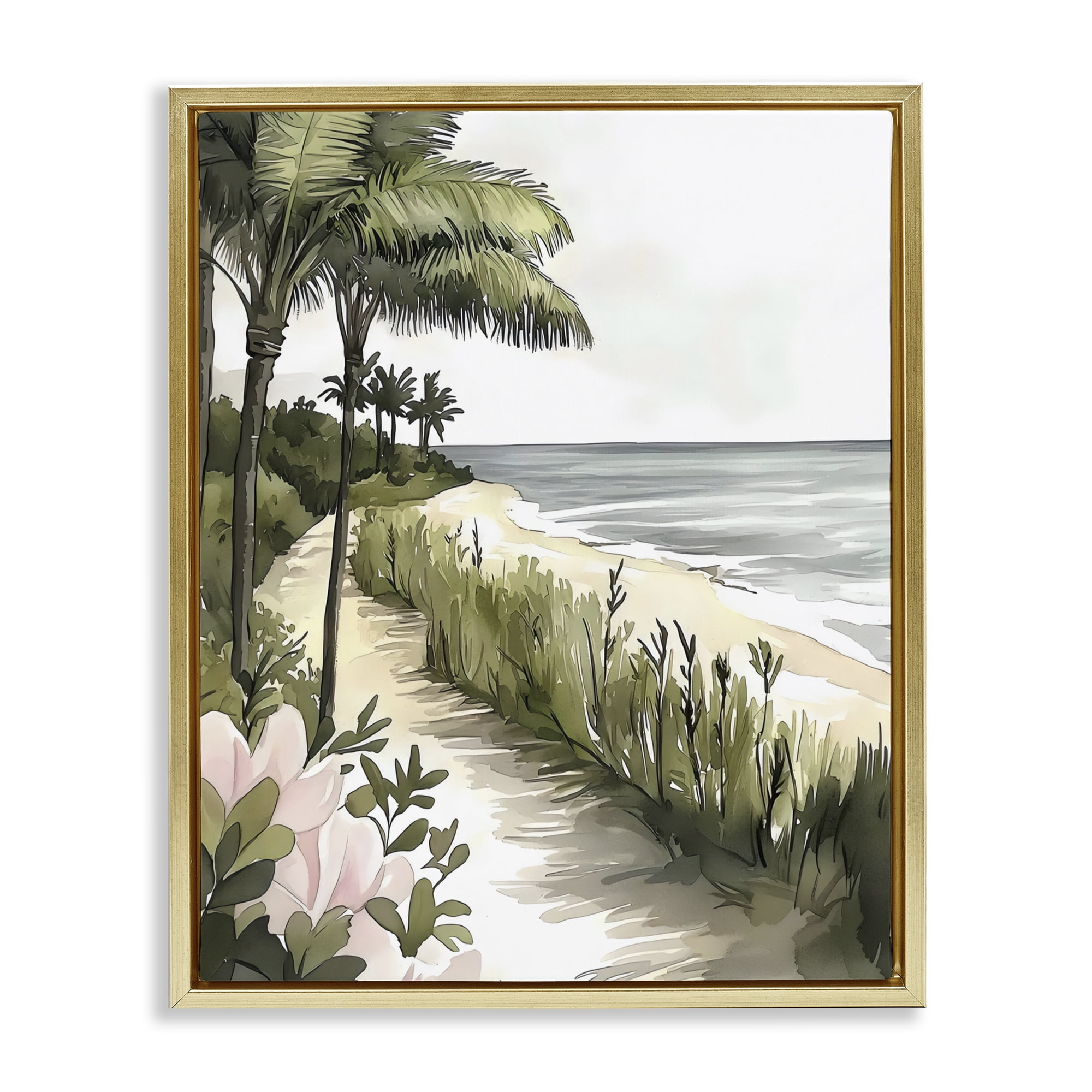 Stupell Industries Coastal Calm Palm Tree Pathway Gold Framed Floater Canvas Wall Art, design by Riley B
