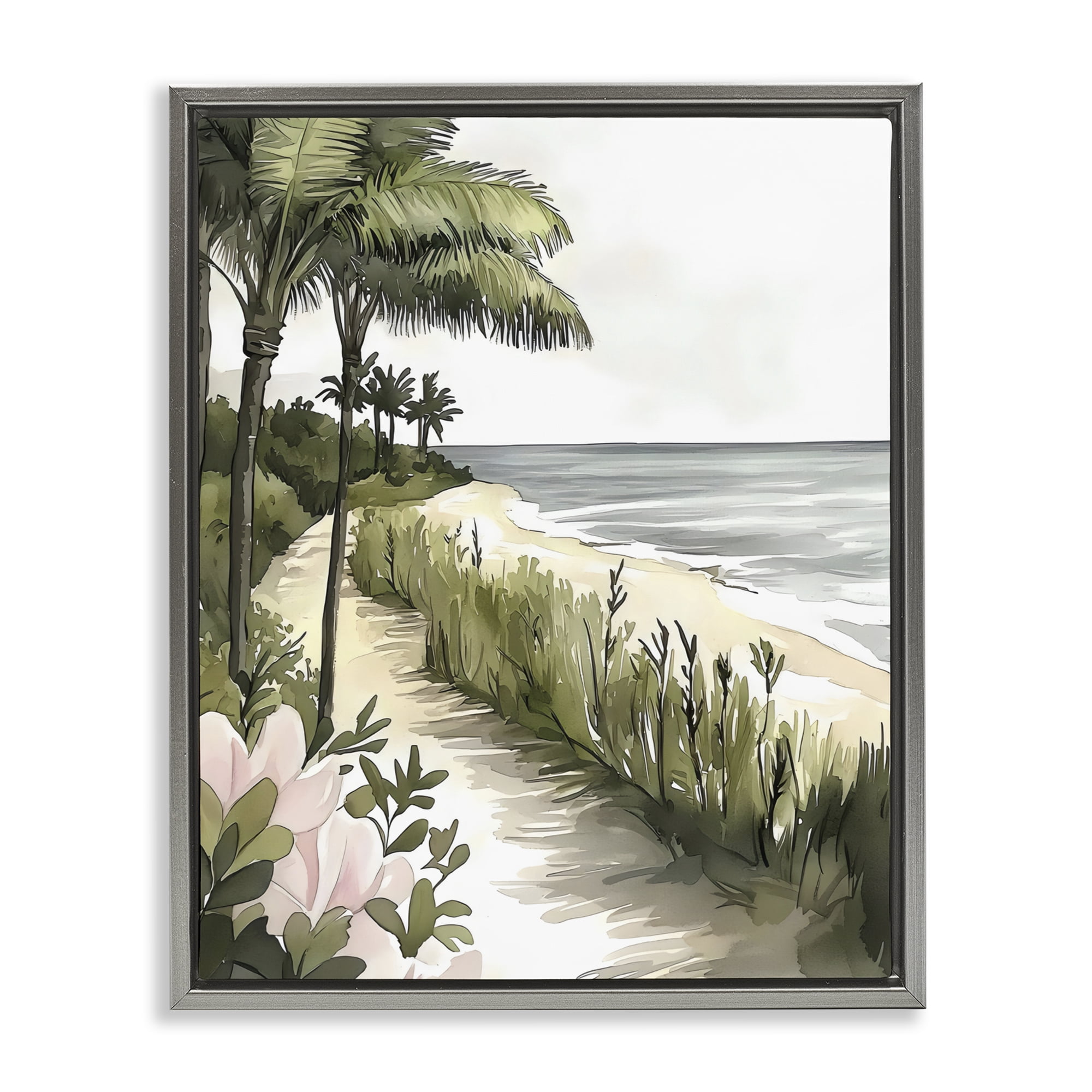 Stupell Industries Coastal Calm Palm Tree Pathway Gray Framed Floater Canvas Wall Art, design by Riley B