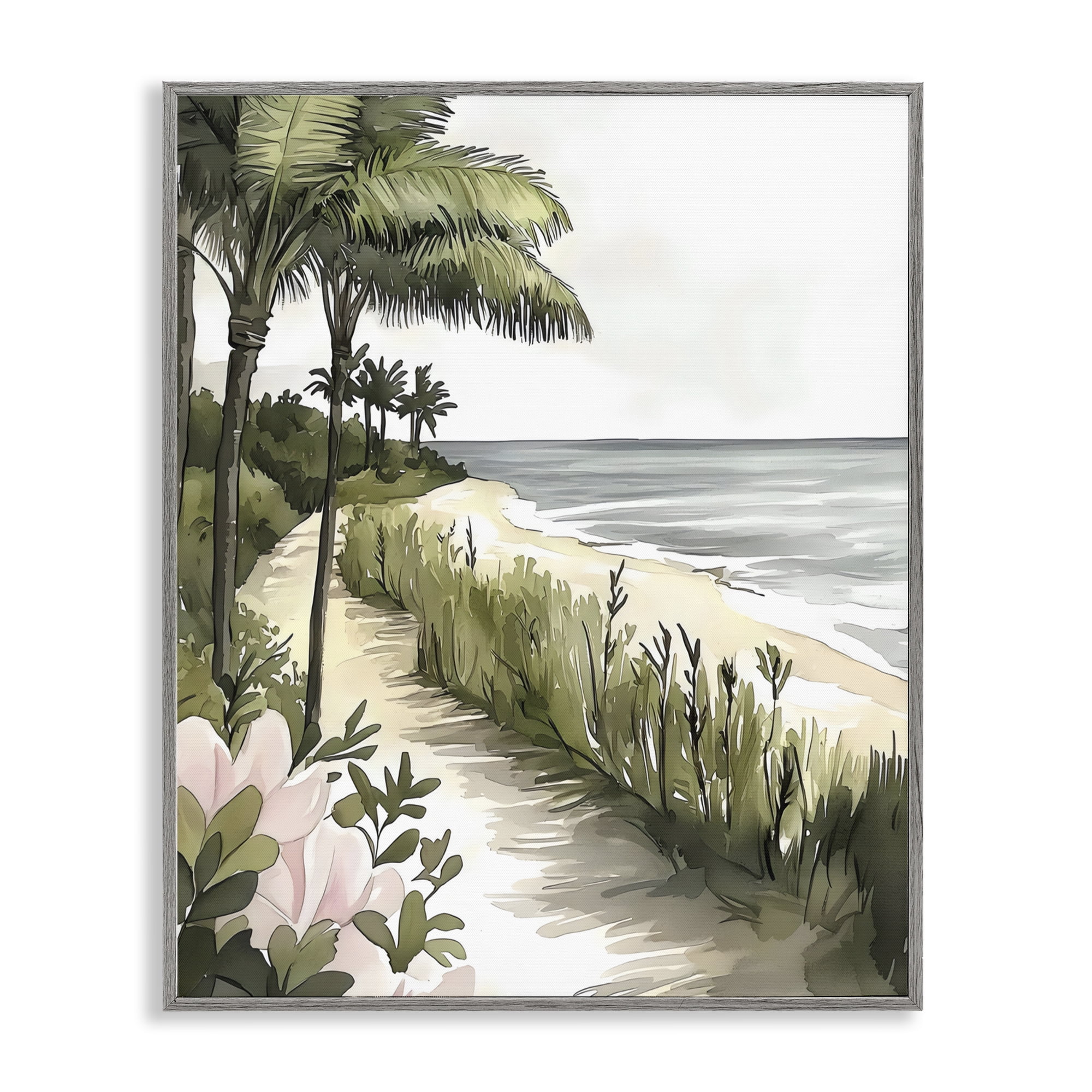 Stupell Industries Coastal Calm Palm Tree Pathway Gray Framed Giclee Art, design by Riley B