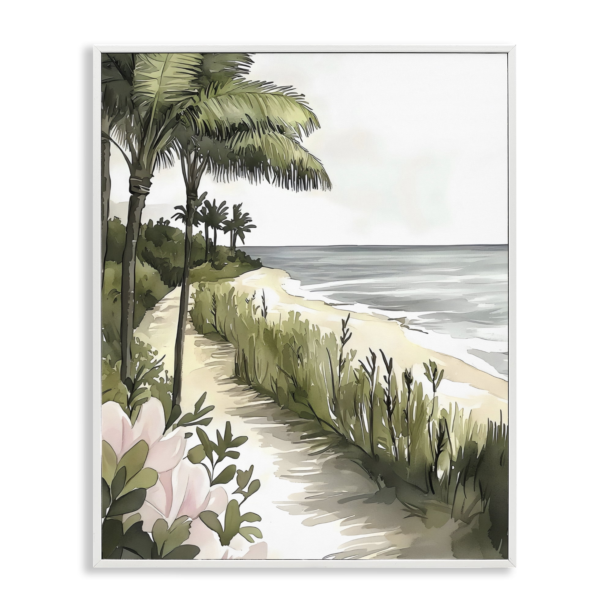 Stupell Industries Coastal Calm Palm Tree Pathway White Framed Giclee Art, design by Riley B