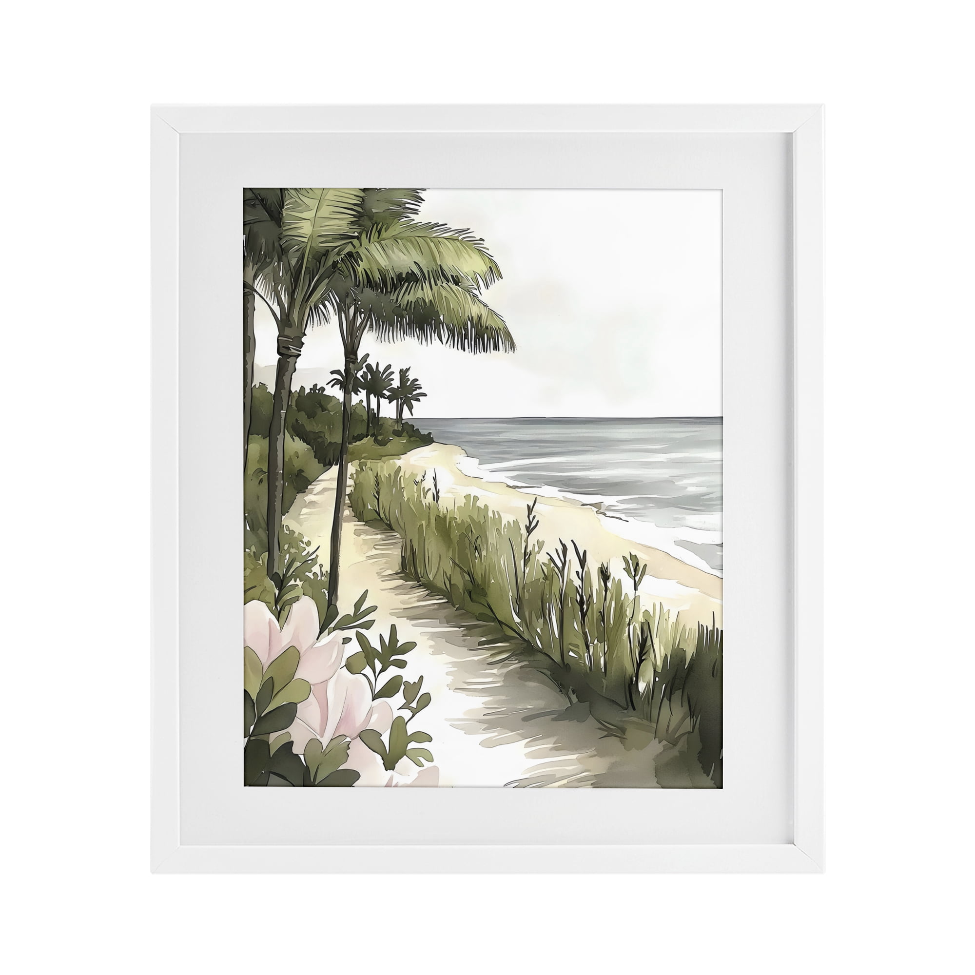 Stupell Industries Coastal Calm Palm Tree Pathway White Framed Print Under Glass, design by Riley B