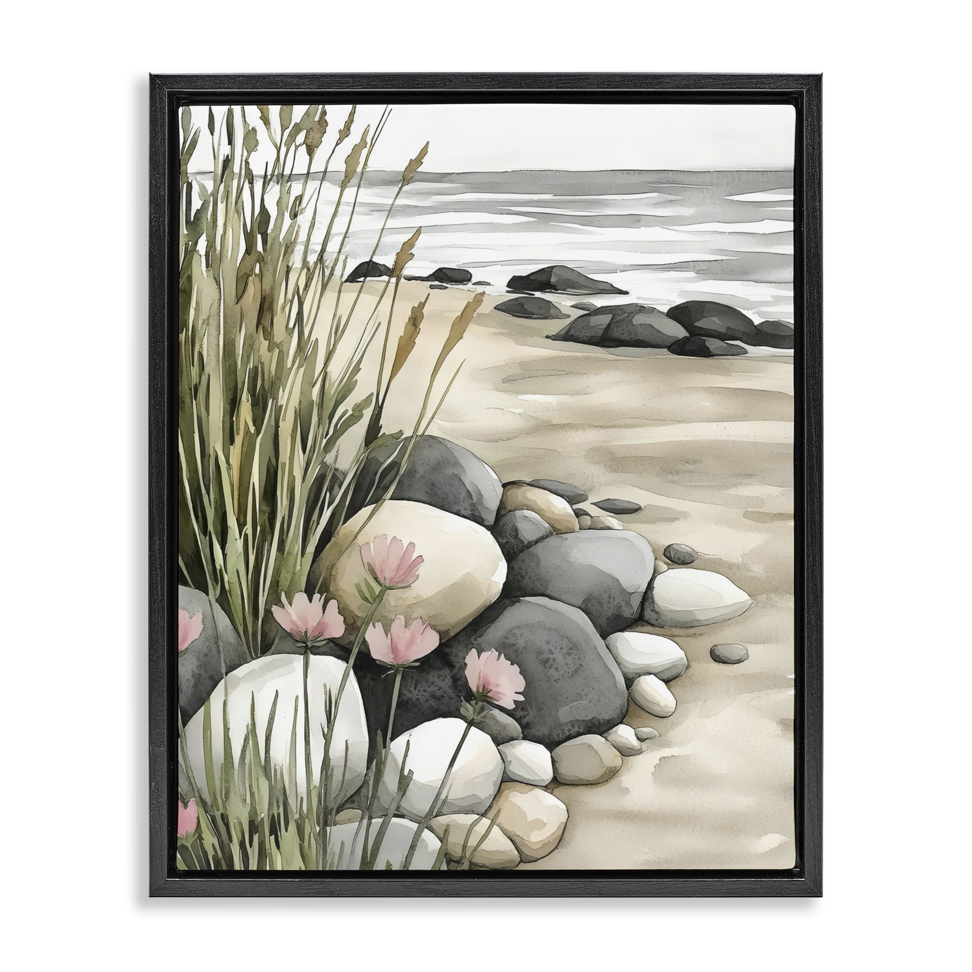 Stupell Industries Coastal Calm Pebbles Black Framed Floater Canvas Wall Art, design by Riley B