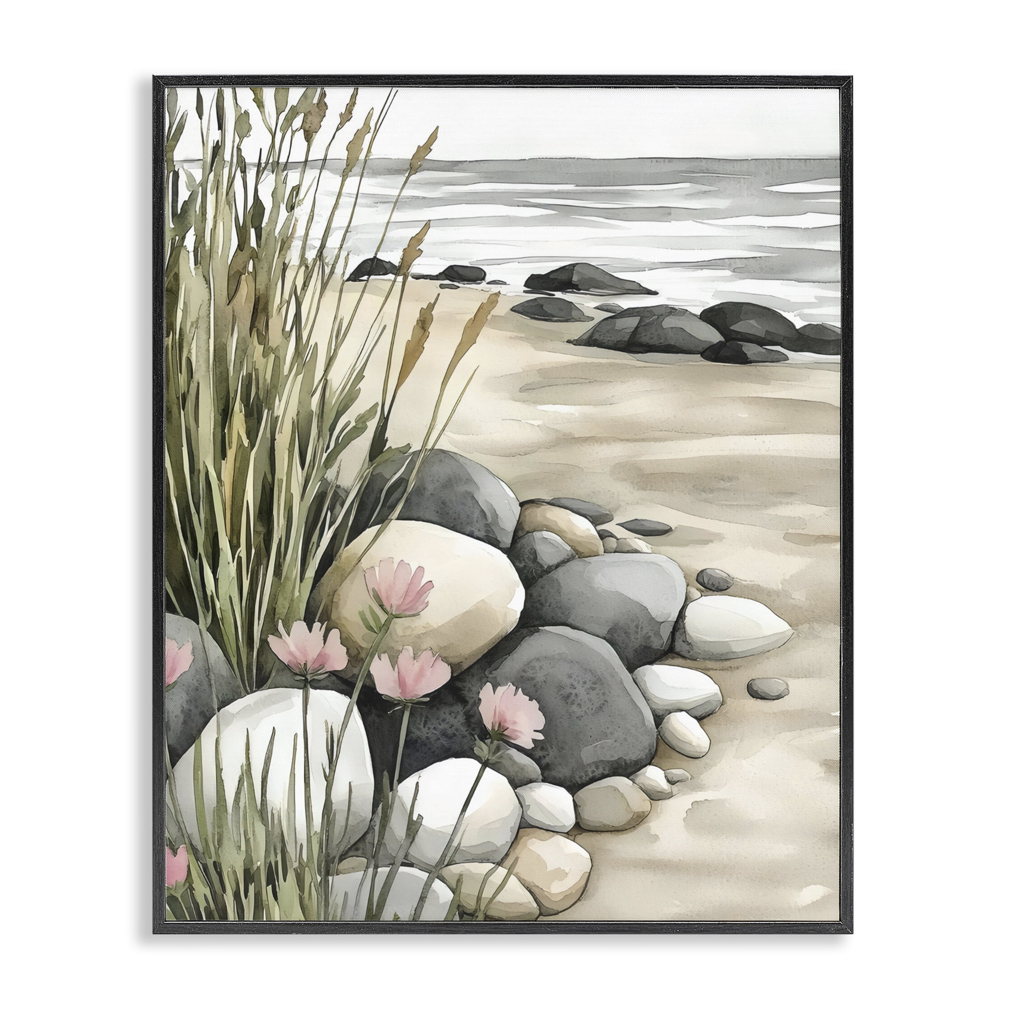 Stupell Industries Coastal Calm Pebbles Black Framed Giclee Art, design by Riley B