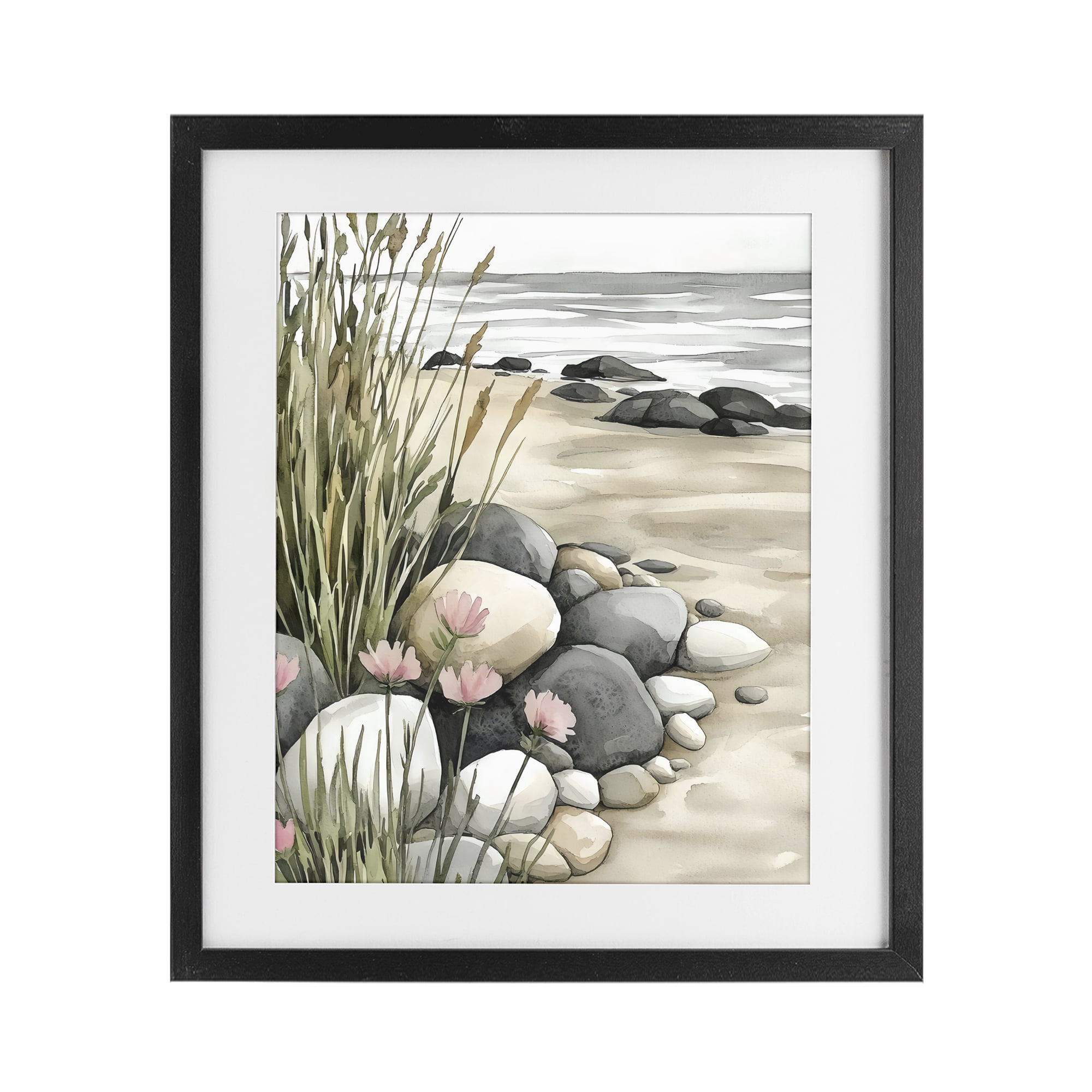 Stupell Industries Coastal Calm Pebbles Black Framed Print Under Glass, design by Riley B