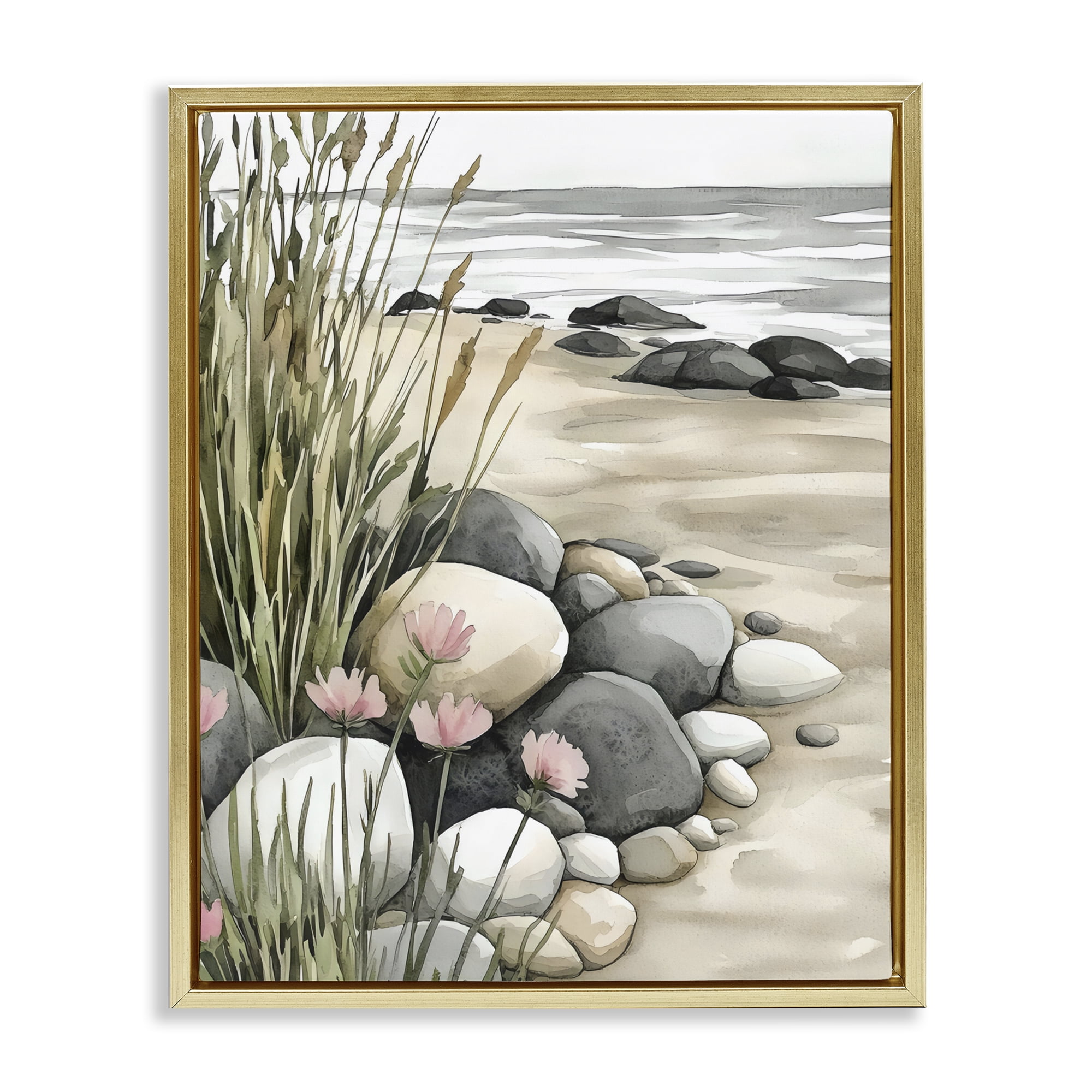Stupell Industries Coastal Calm Pebbles Gold Framed Floater Canvas Wall Art, design by Riley B