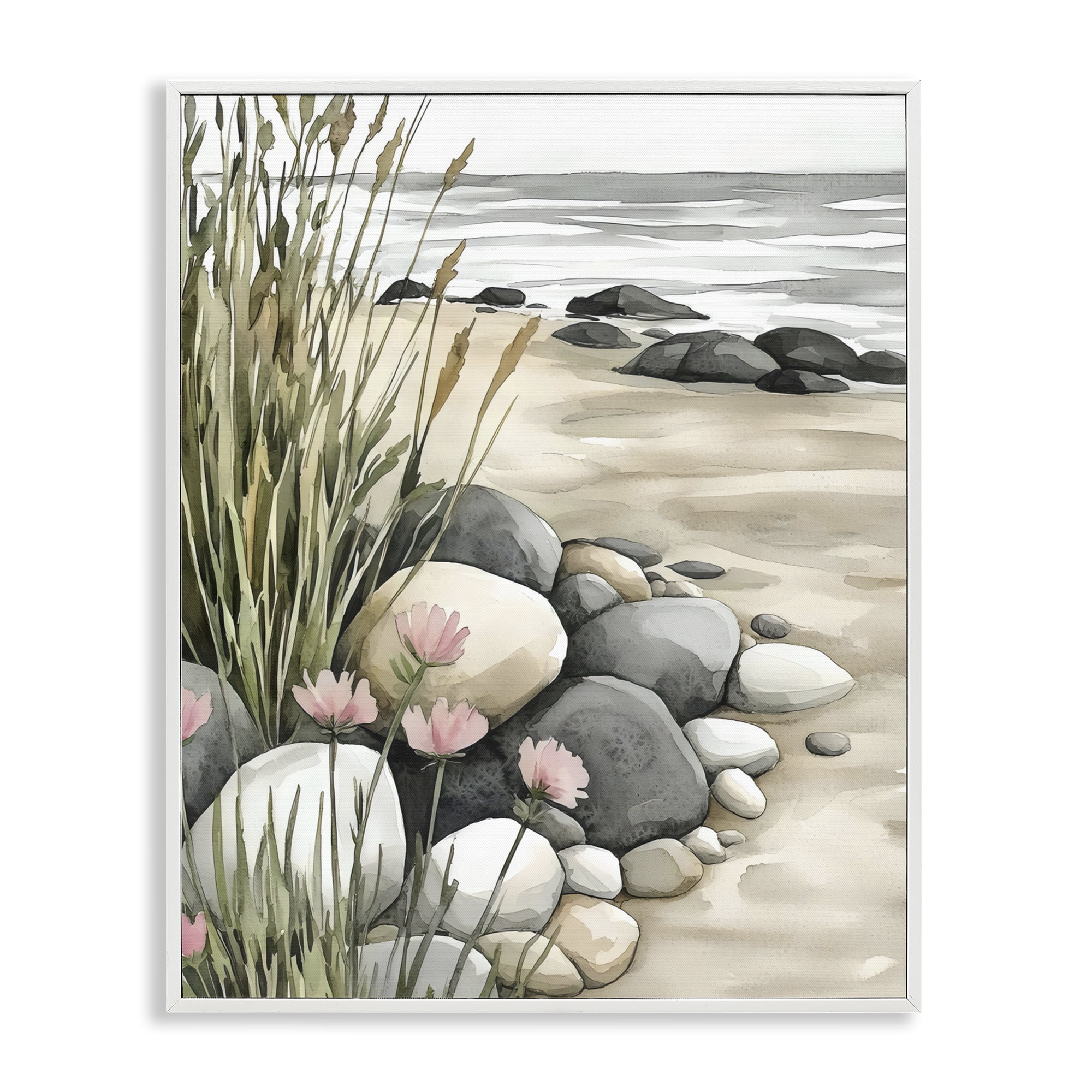 Stupell Industries Coastal Calm Pebbles White Framed Giclee Art, design by Riley B