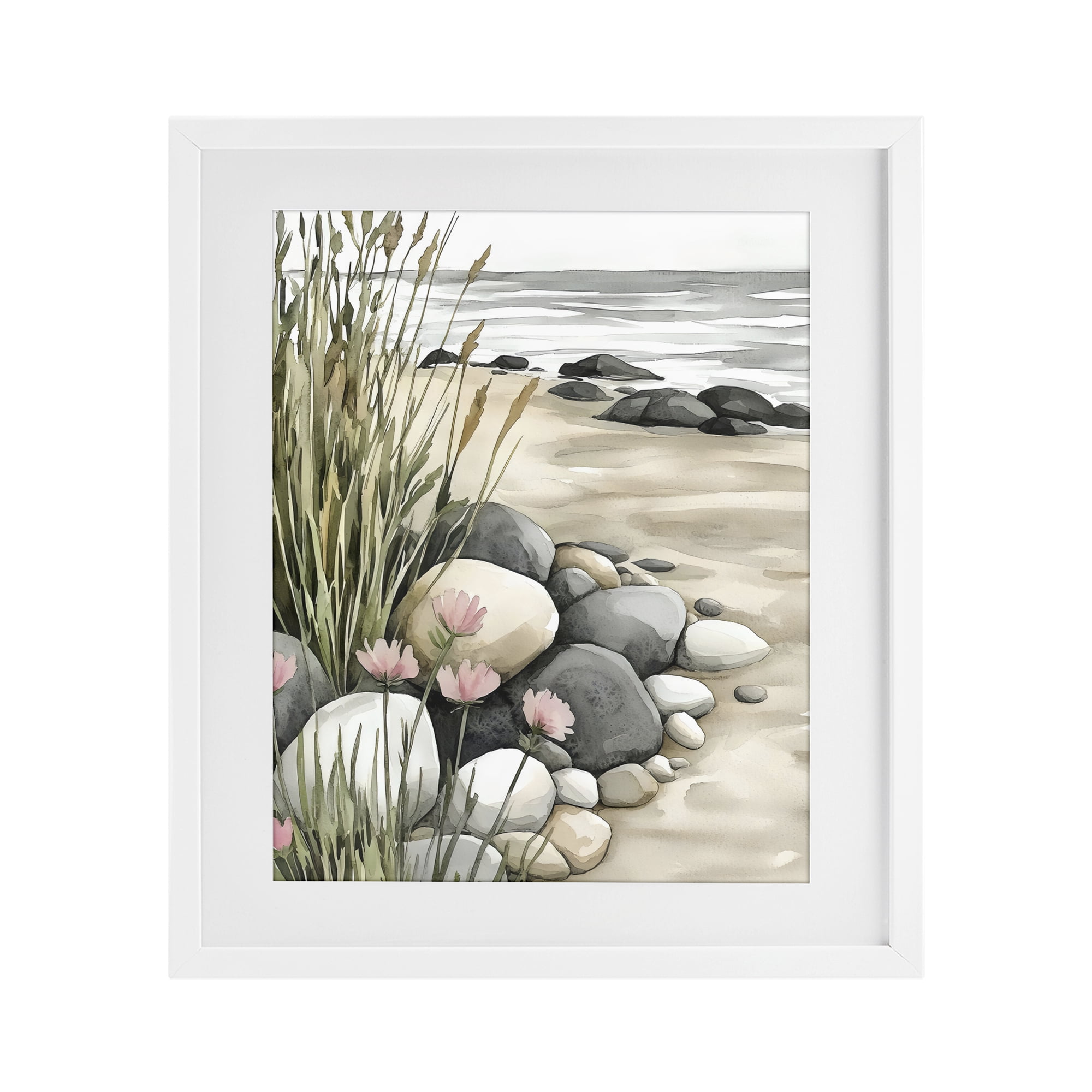 Stupell Industries Coastal Calm Pebbles White Framed Print Under Glass, design by Riley B