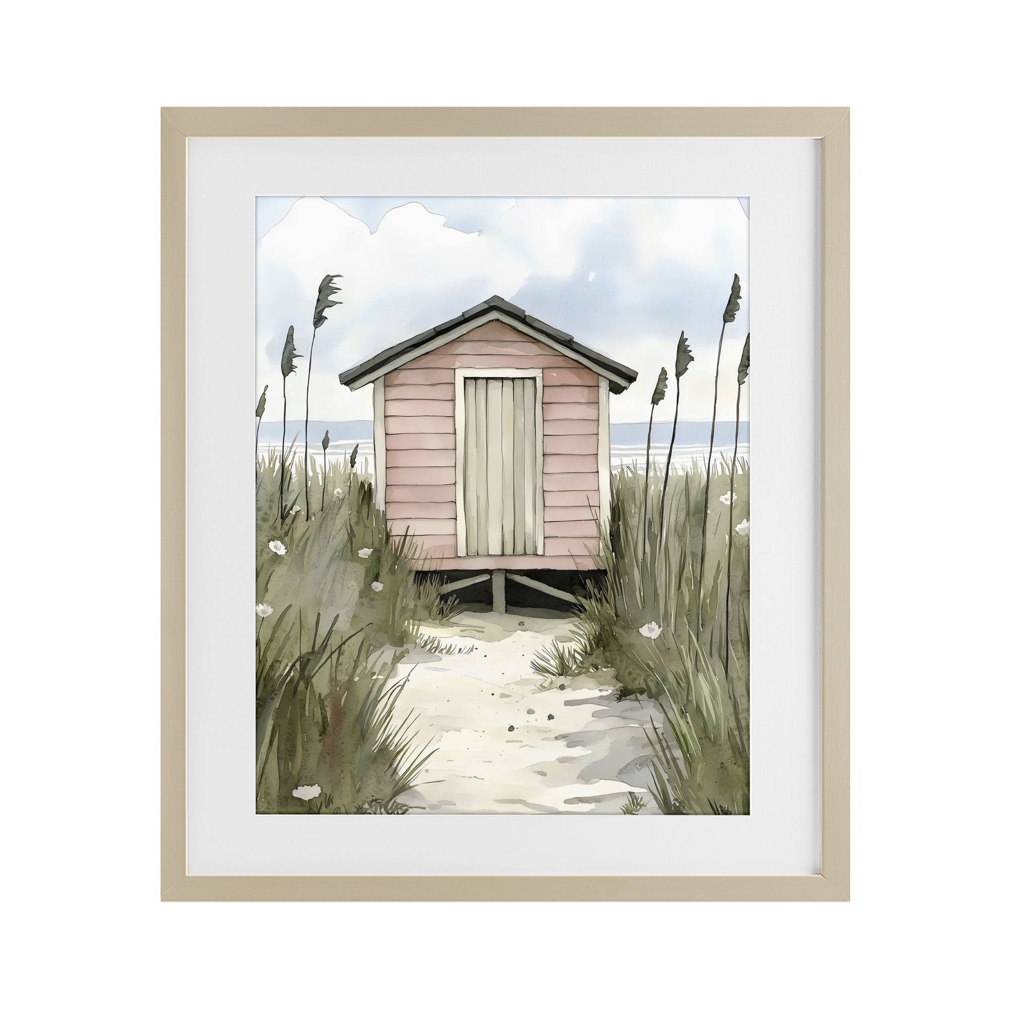 Stupell Industries Coastal Calm Pink Beach Hut Birch Framed Print Under Glass, design by Riley B