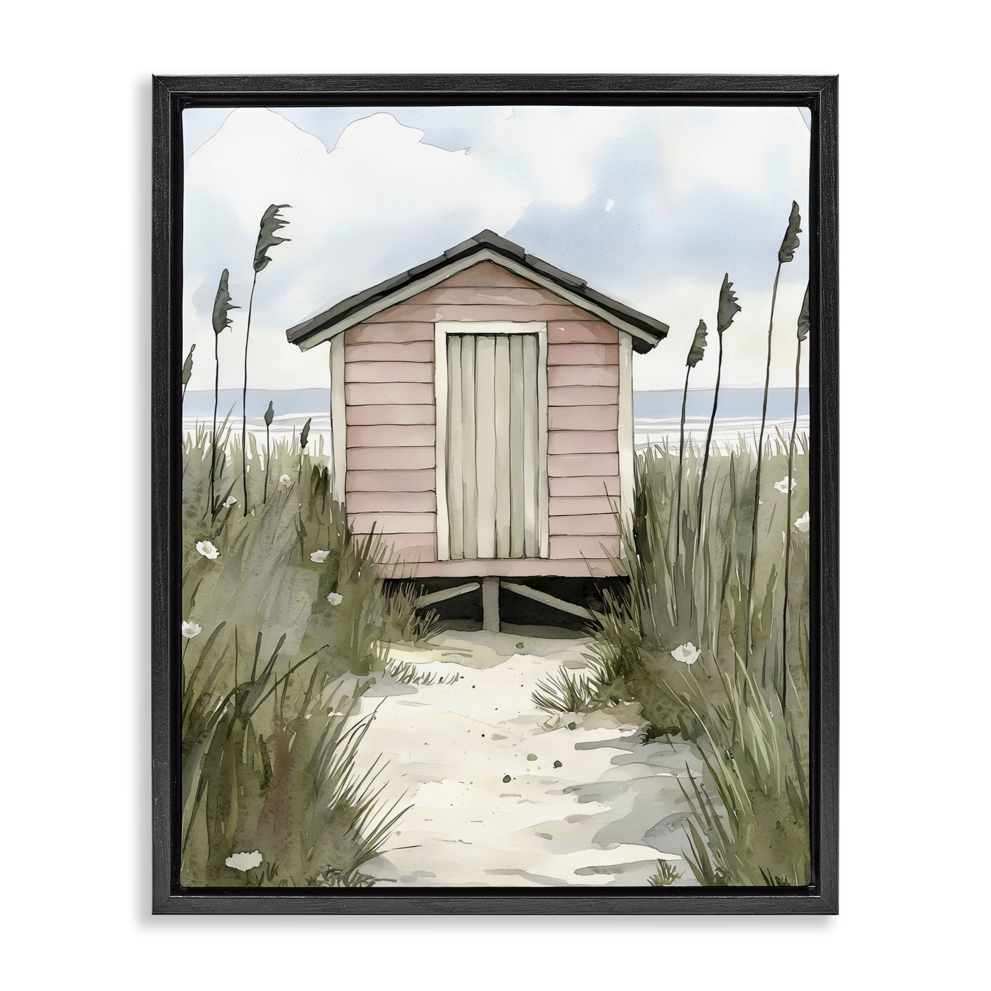 Stupell Industries Coastal Calm Pink Beach Hut Black Framed Floater Canvas Wall Art, design by Riley B