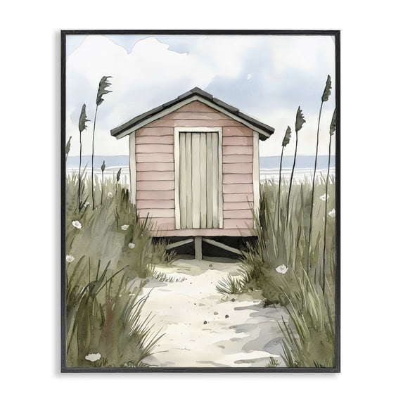Stupell Industries Coastal Coastal Calm Pink Beach Hut Black Framed Giclee Art, 11 x 14, by Riley B