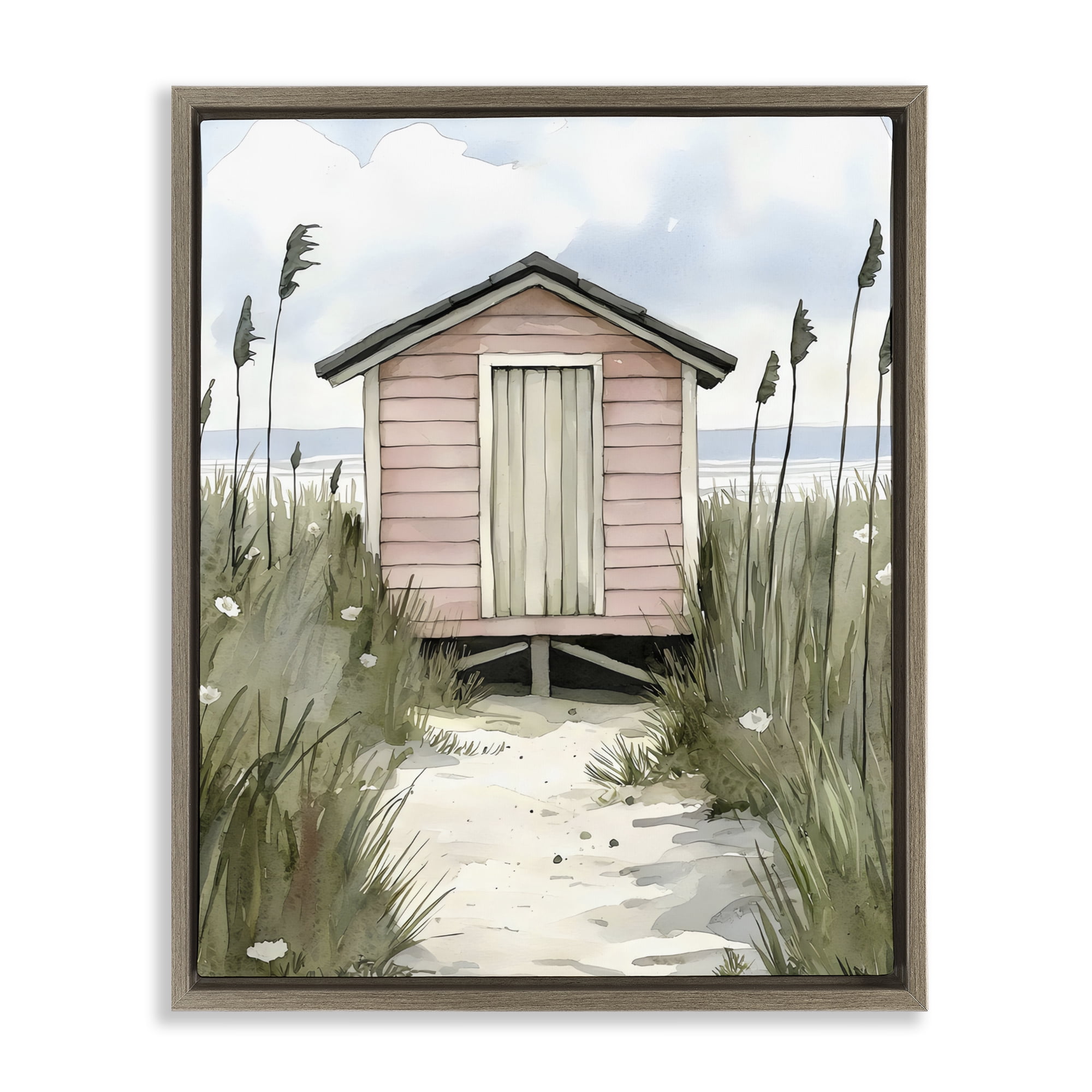 Stupell Industries Coastal Calm Pink Beach Hut Brown Framed Floater Canvas Wall Art, design by Riley B