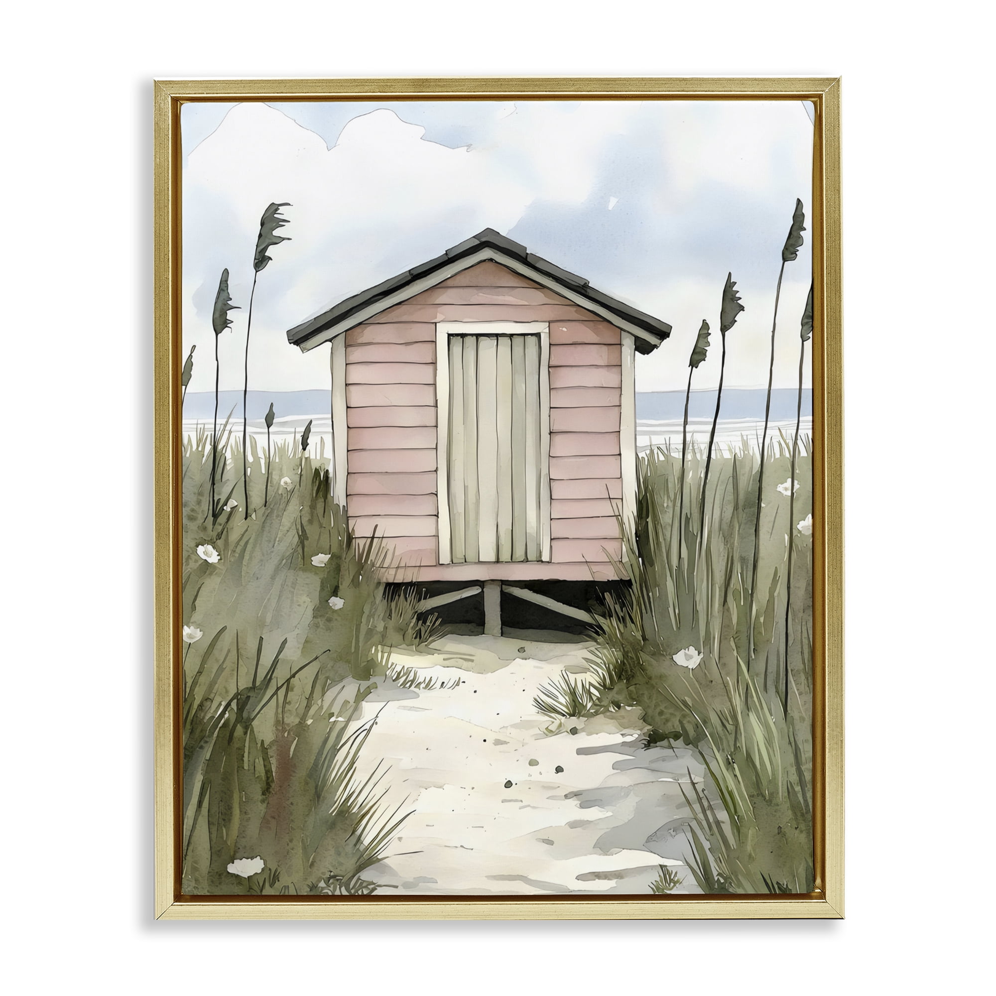 Stupell Industries Coastal Calm Pink Beach Hut Gold Framed Floater Canvas Wall Art, design by Riley B