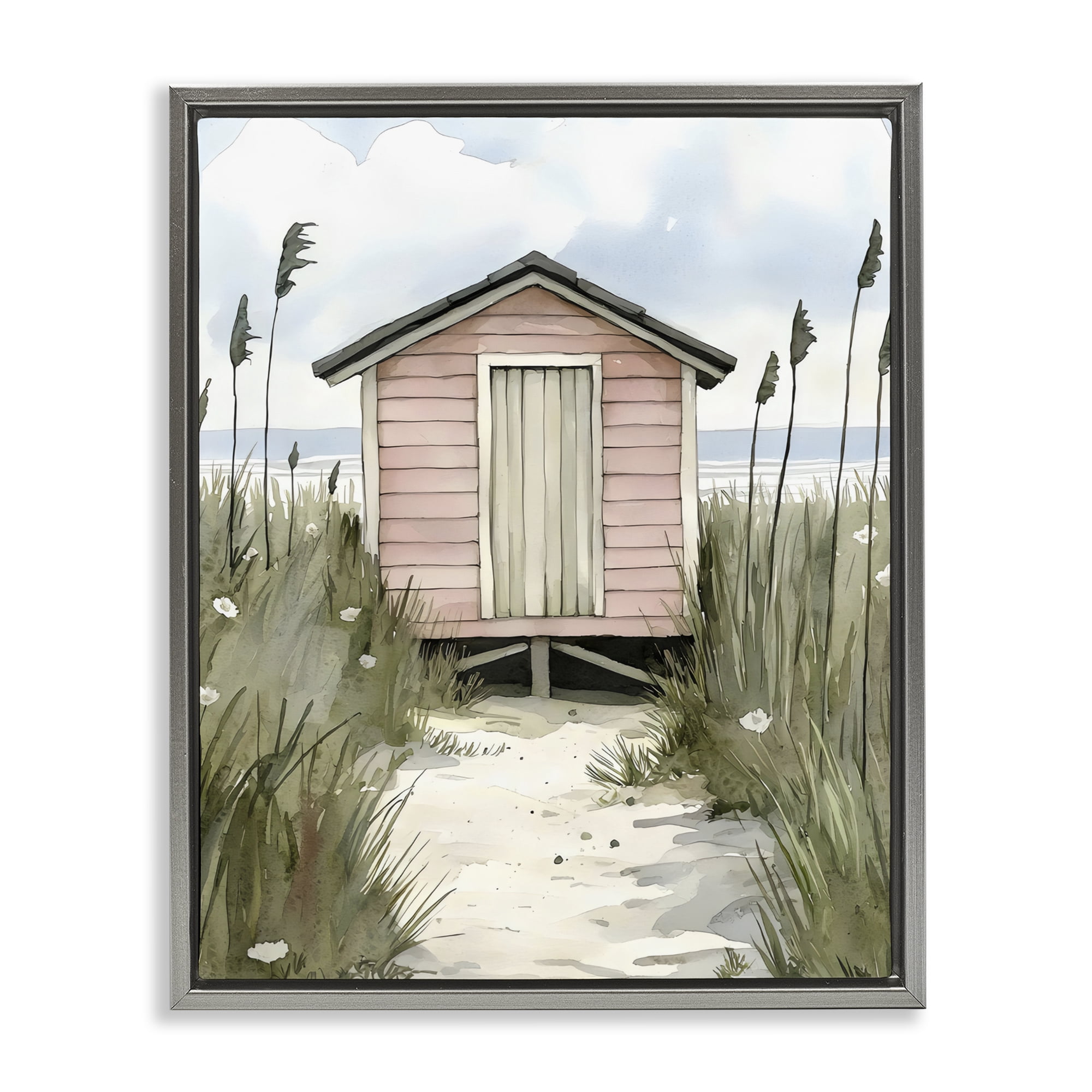 Stupell Industries Coastal Calm Pink Beach Hut Gray Framed Floater Canvas Wall Art, design by Riley B