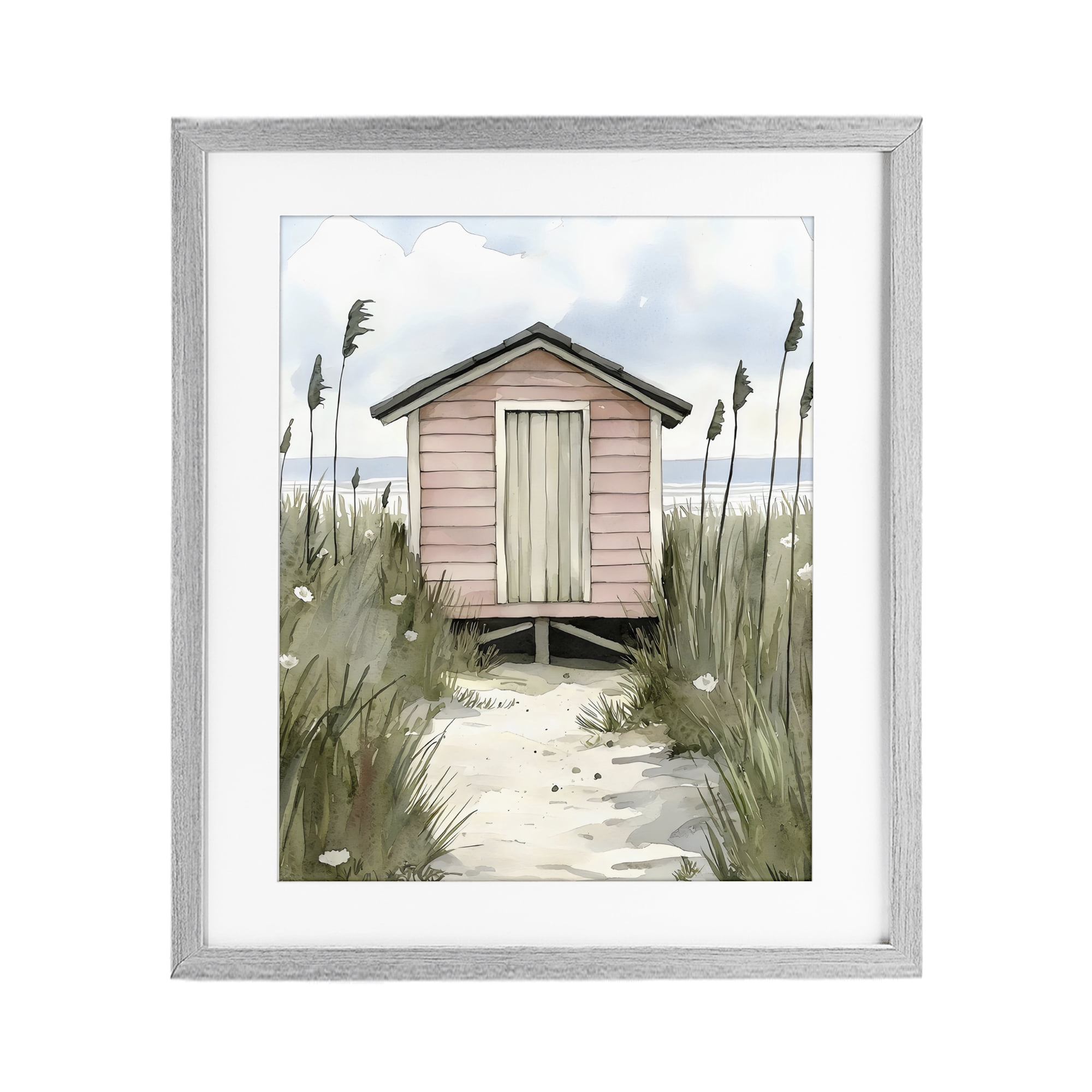 Stupell Industries Coastal Calm Pink Beach Hut Gray Framed Print Under Glass, design by Riley B