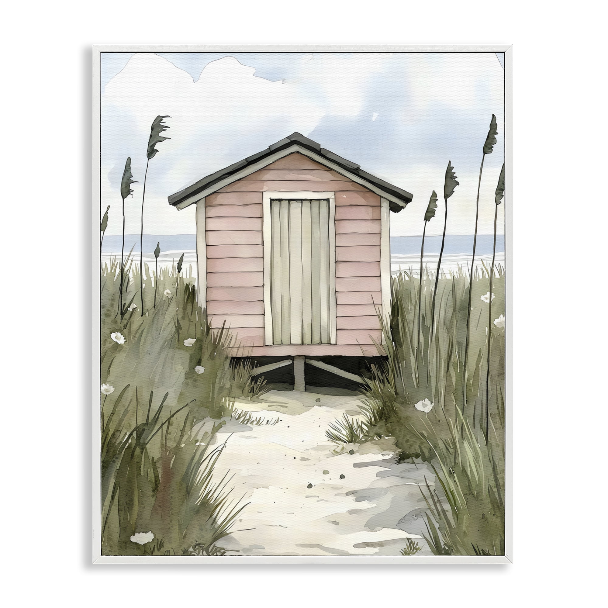 Stupell Industries Coastal Calm Pink Beach Hut White Framed Giclee Art, design by Riley B